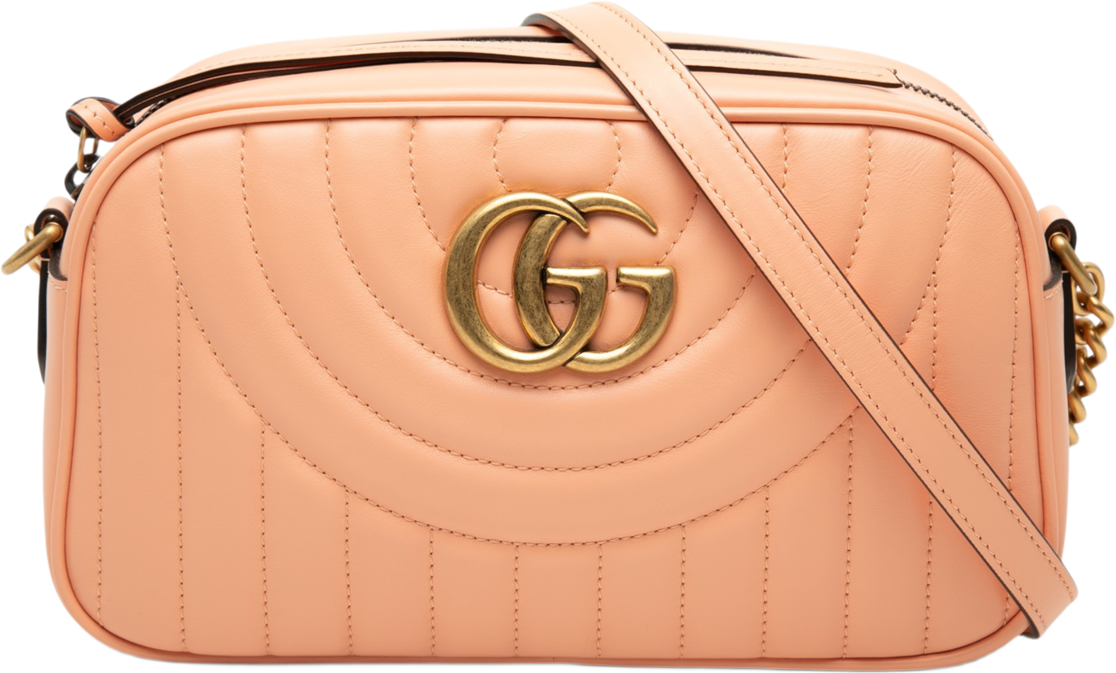Gucci Small Gg Marmont Matelasse Calfskin Vertical Ring Crossbody, från Luxclusif, i färgen peach. Klicka för att öppna bilden i stort format