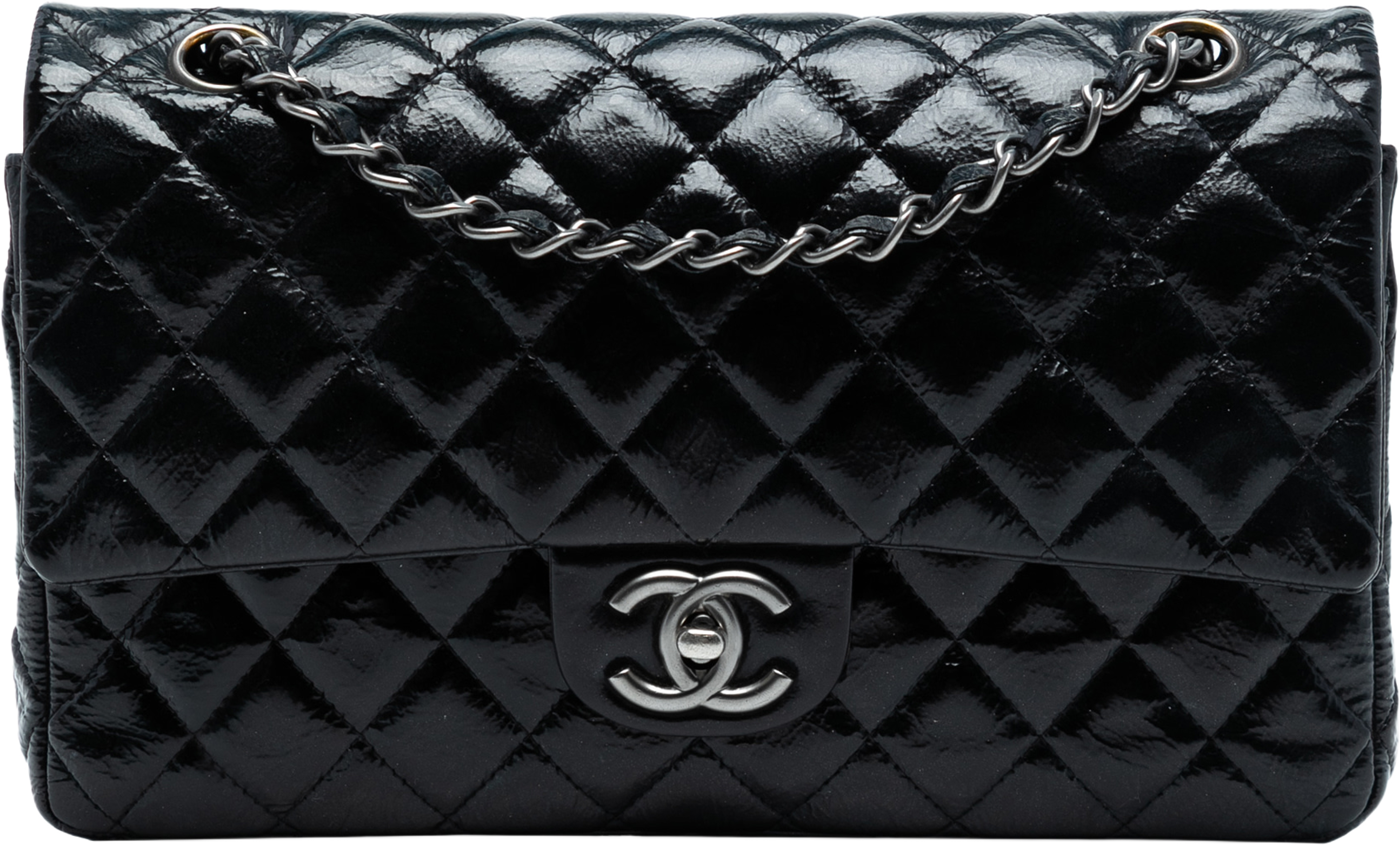 Chanel Medium Classic Crinkled Patent Double Flap, från Luxclusif, i färgen navy. Klicka för att öppna bilden i stort format