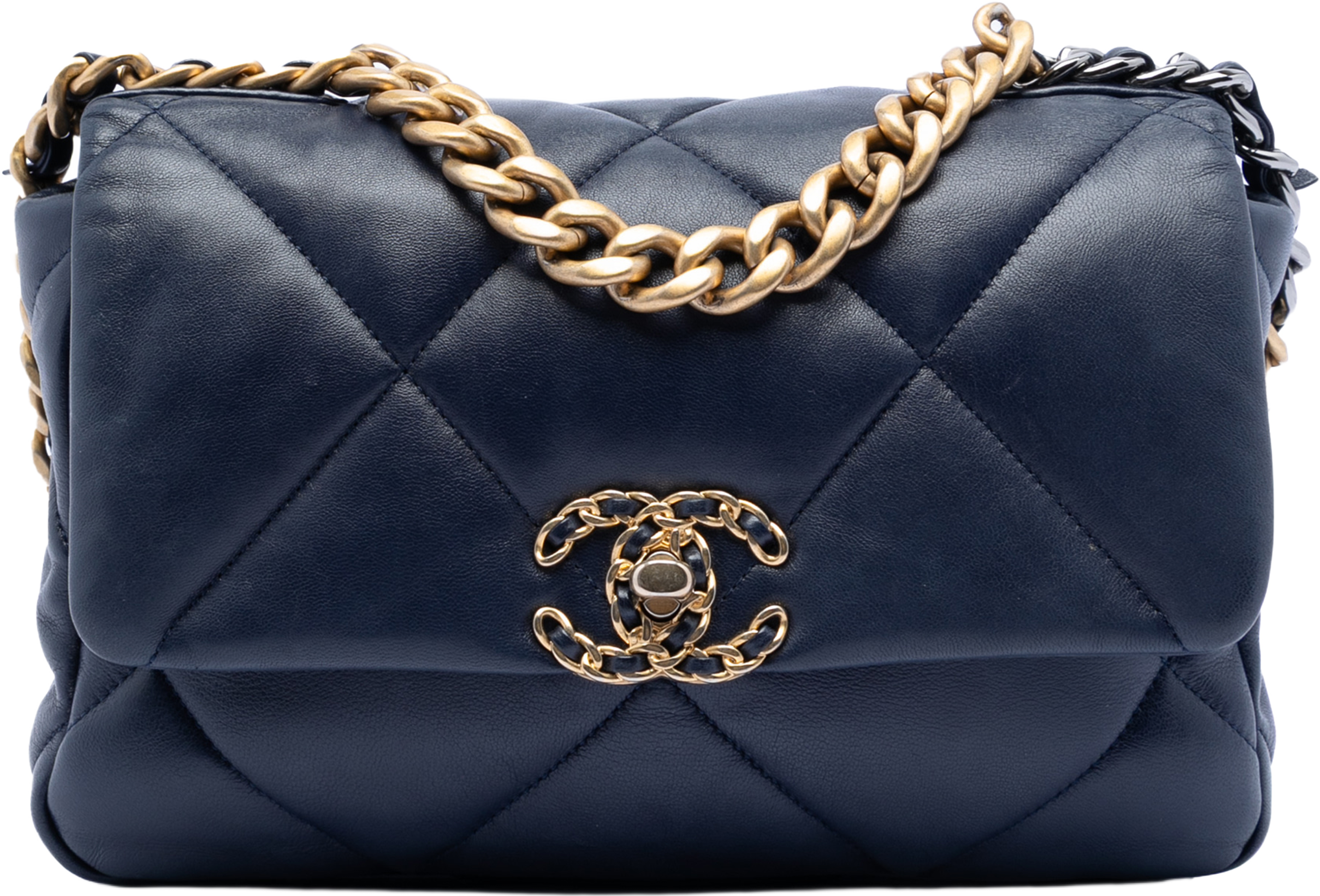 Chanel Medium Lambskin 19 Flap, från Luxclusif, i färgen dark blue. Klicka för att öppna bilden i stort format