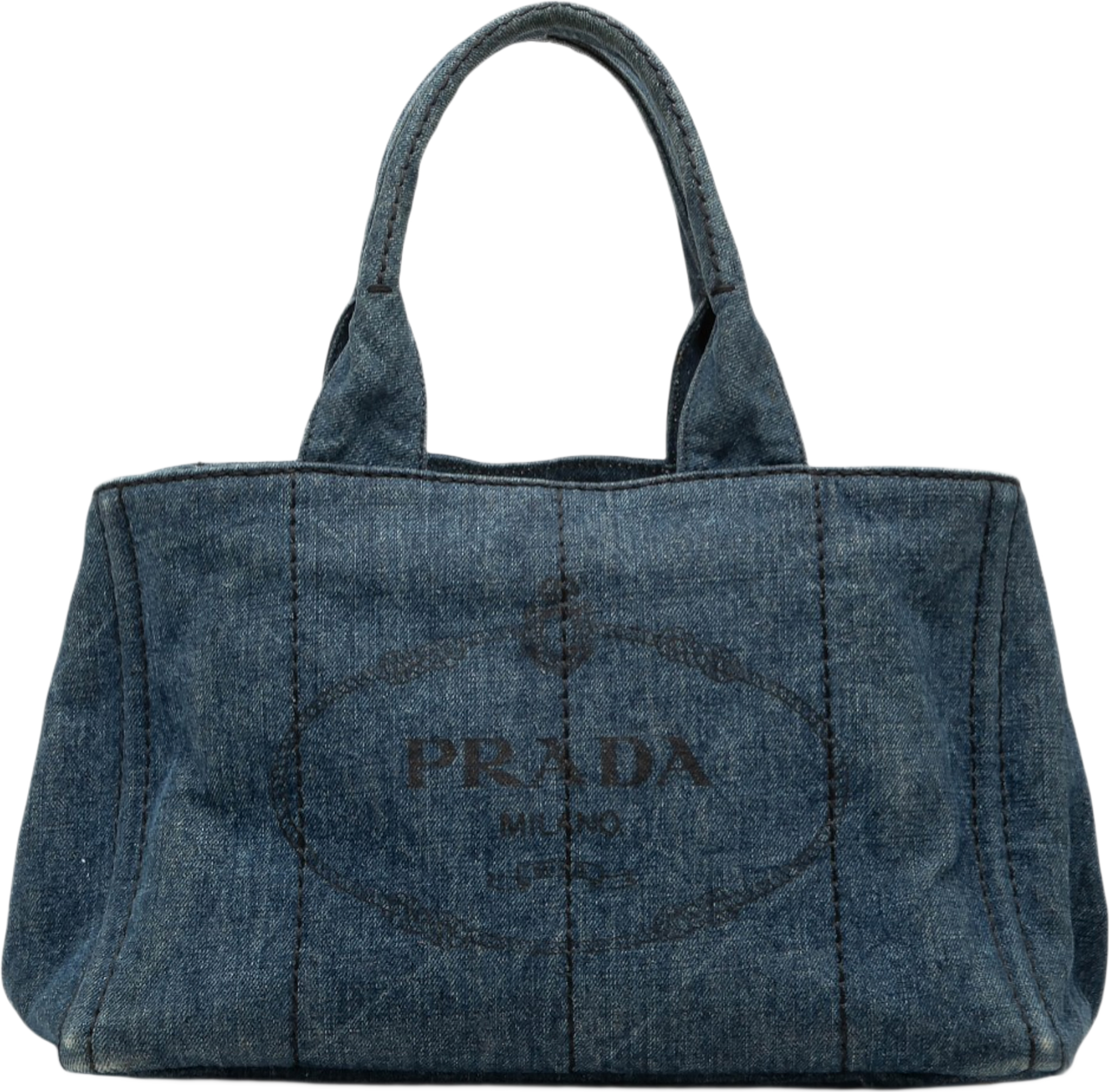 Prada Denim Canapa Logo Satchel, från Luxclusif, i färgen denim. Klicka för att öppna bilden i stort format