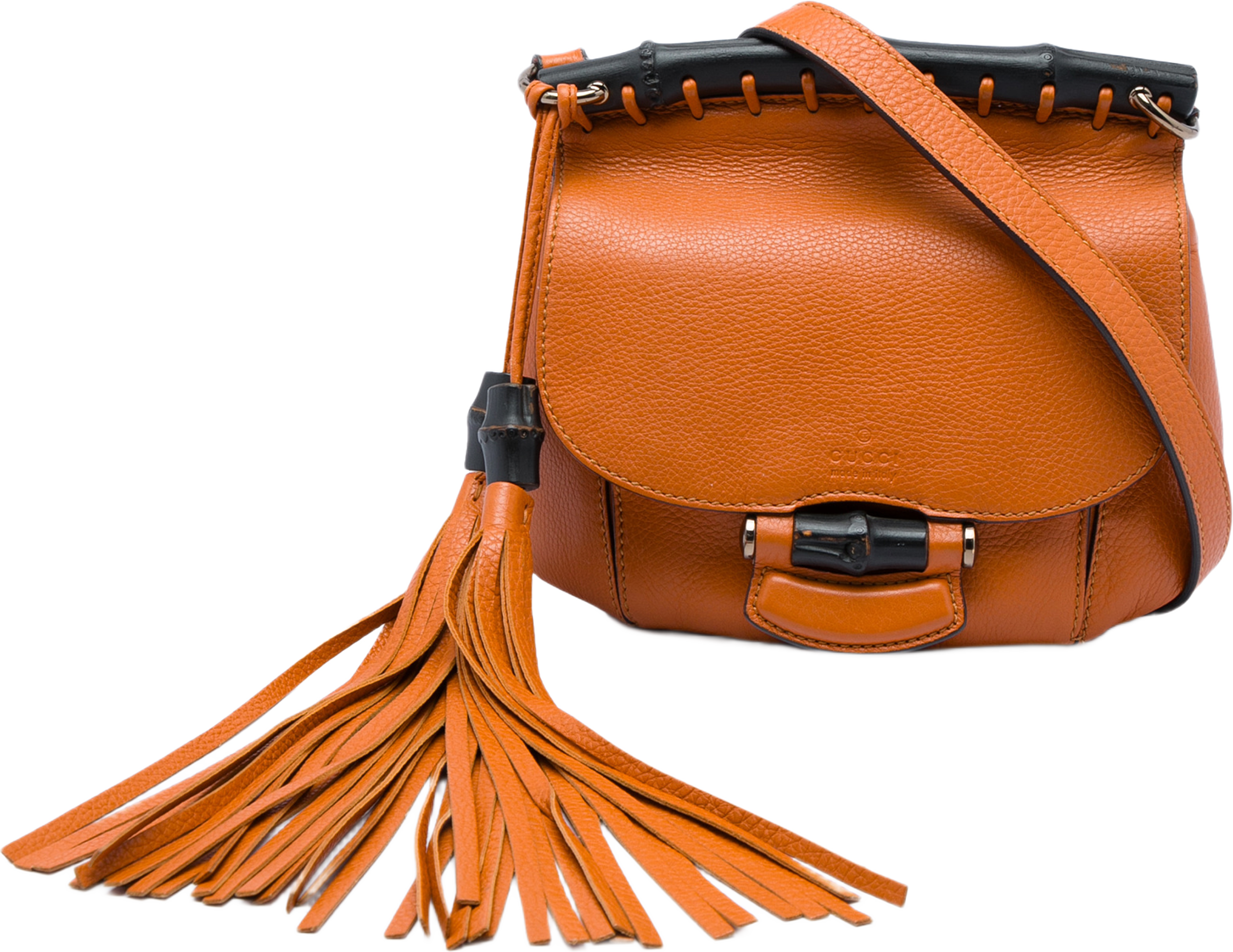 Gucci Small Calfskin Bamboo Nouveau Fringe Crossbody, från Luxclusif, i färgen orange. Klicka för att öppna bilden i stort format