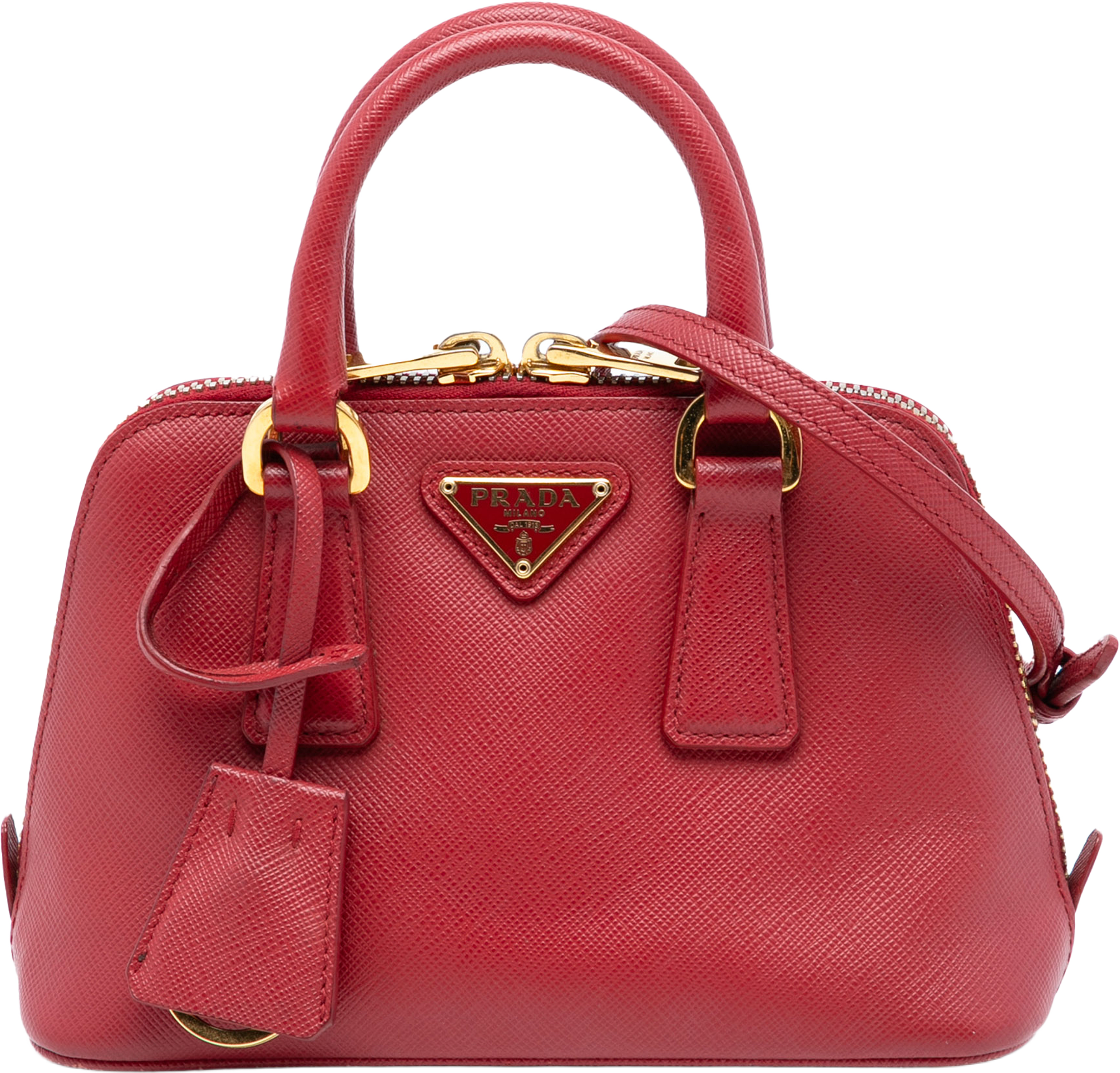 Prada Mini Saffiano Lux Promenade Satchel, från Luxclusif, i färgen red. Klicka för att öppna bilden i stort format