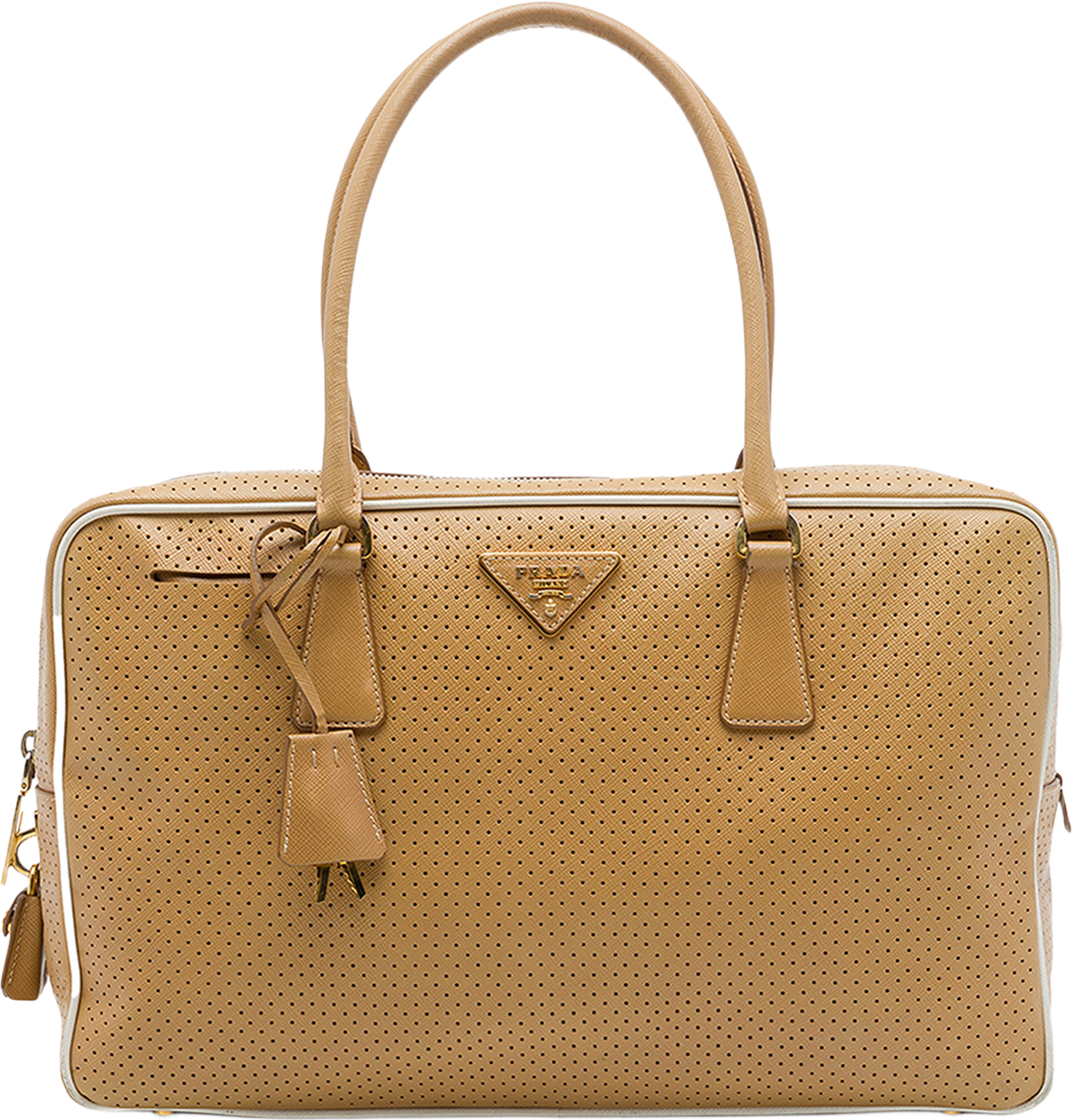 Prada Perforated Saffiano Lux Bauletto Top Handle Bag, från Luxclusif, i färgen brun. Klicka för att öppna bilden i stort format