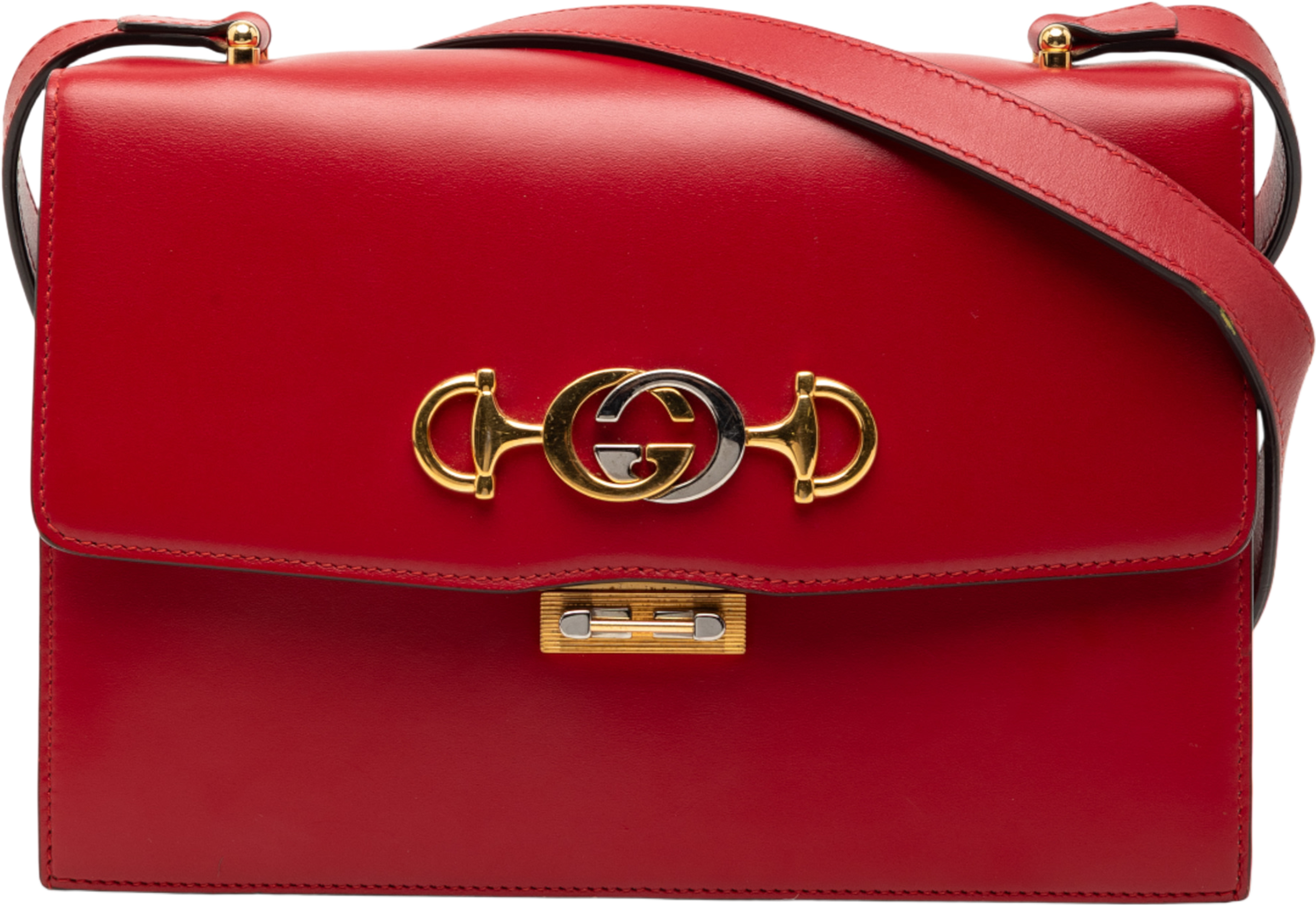 Gucci Small Smooth Calfskin Zumi Flap Crossbody, från Luxclusif, i färgen red. Klicka för att öppna bilden i stort format