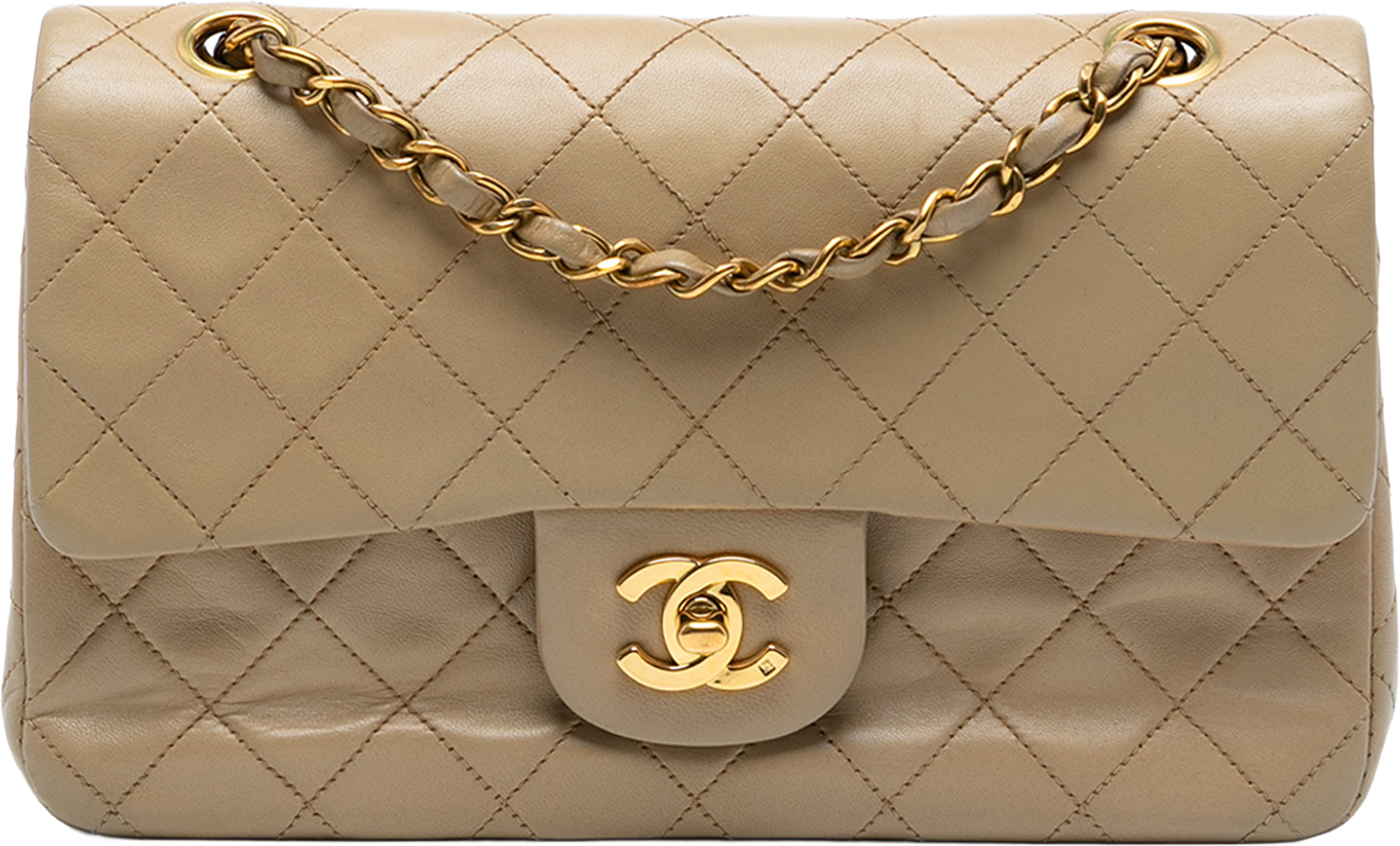 Chanel Small Classic Lambskin Double Flap, från Luxclusif, i färgen light brown. Klicka för att öppna bilden i stort format