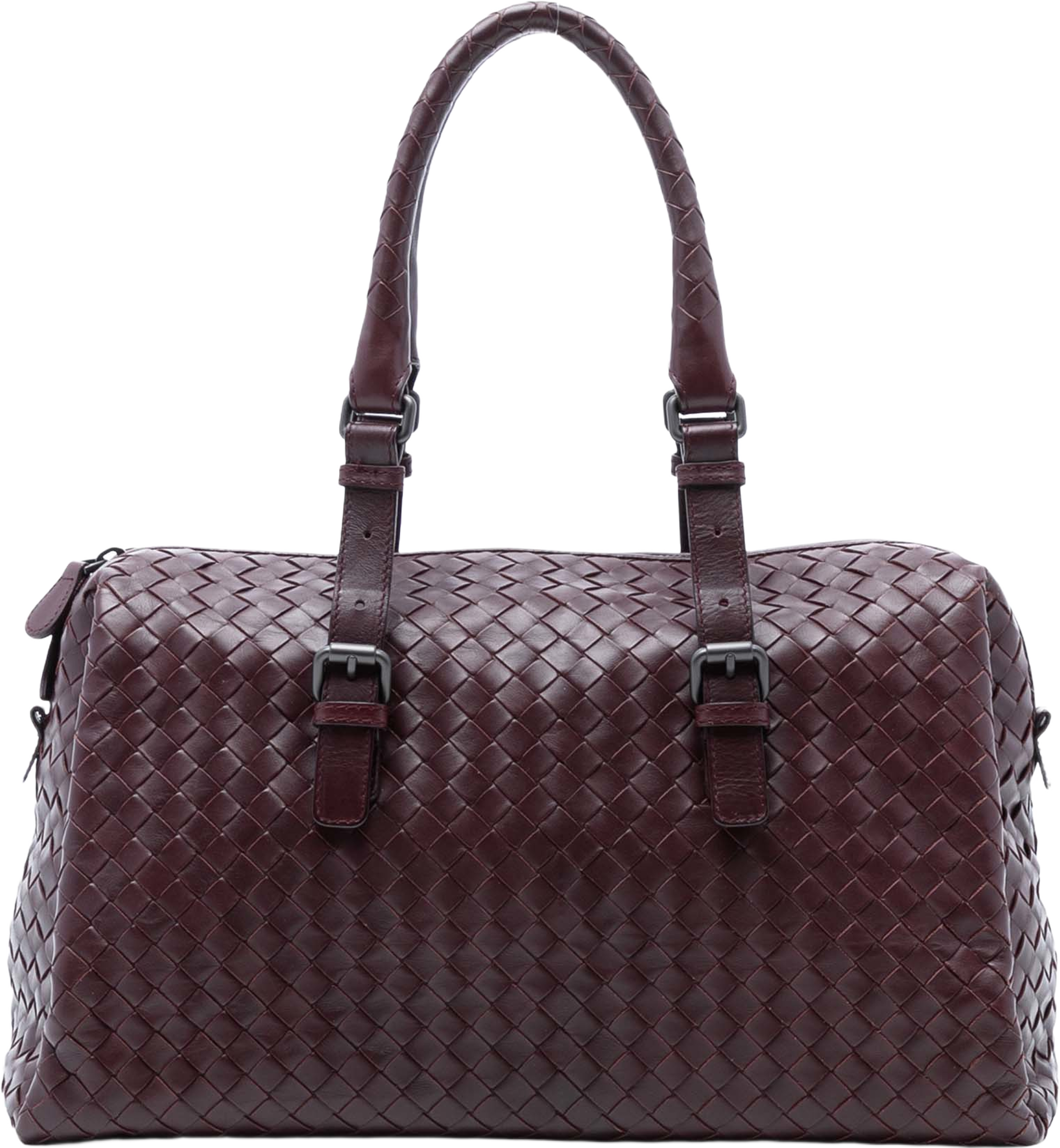 Bottega Veneta Nappa Intrecciato Boston Bag, från Luxclusif, i färgen burgundy. Klicka för att öppna bilden i stort format