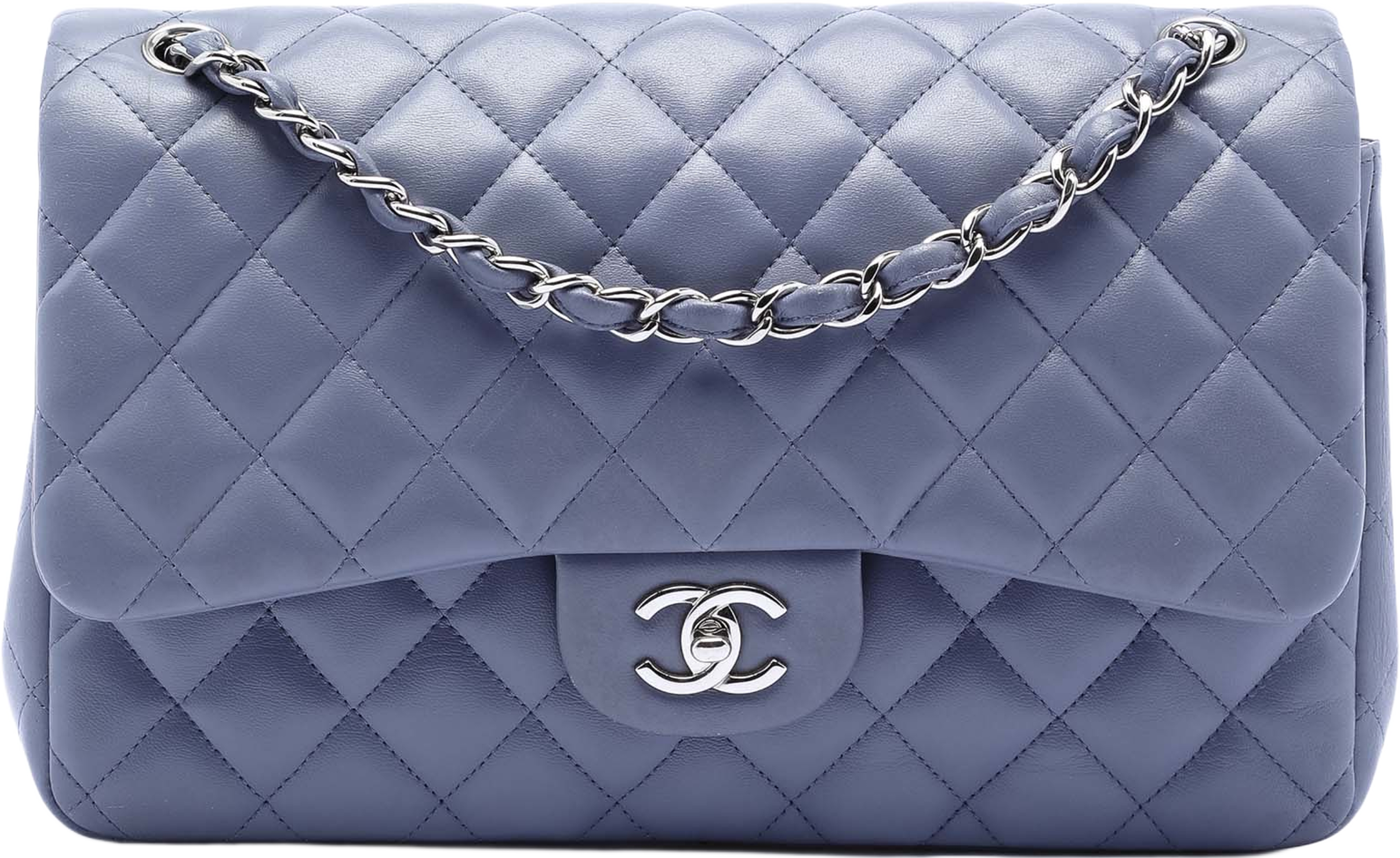Chanel Jumbo Classic Lambskin Double Flap, från Luxclusif, i färgen purple. Klicka för att öppna bilden i stort format