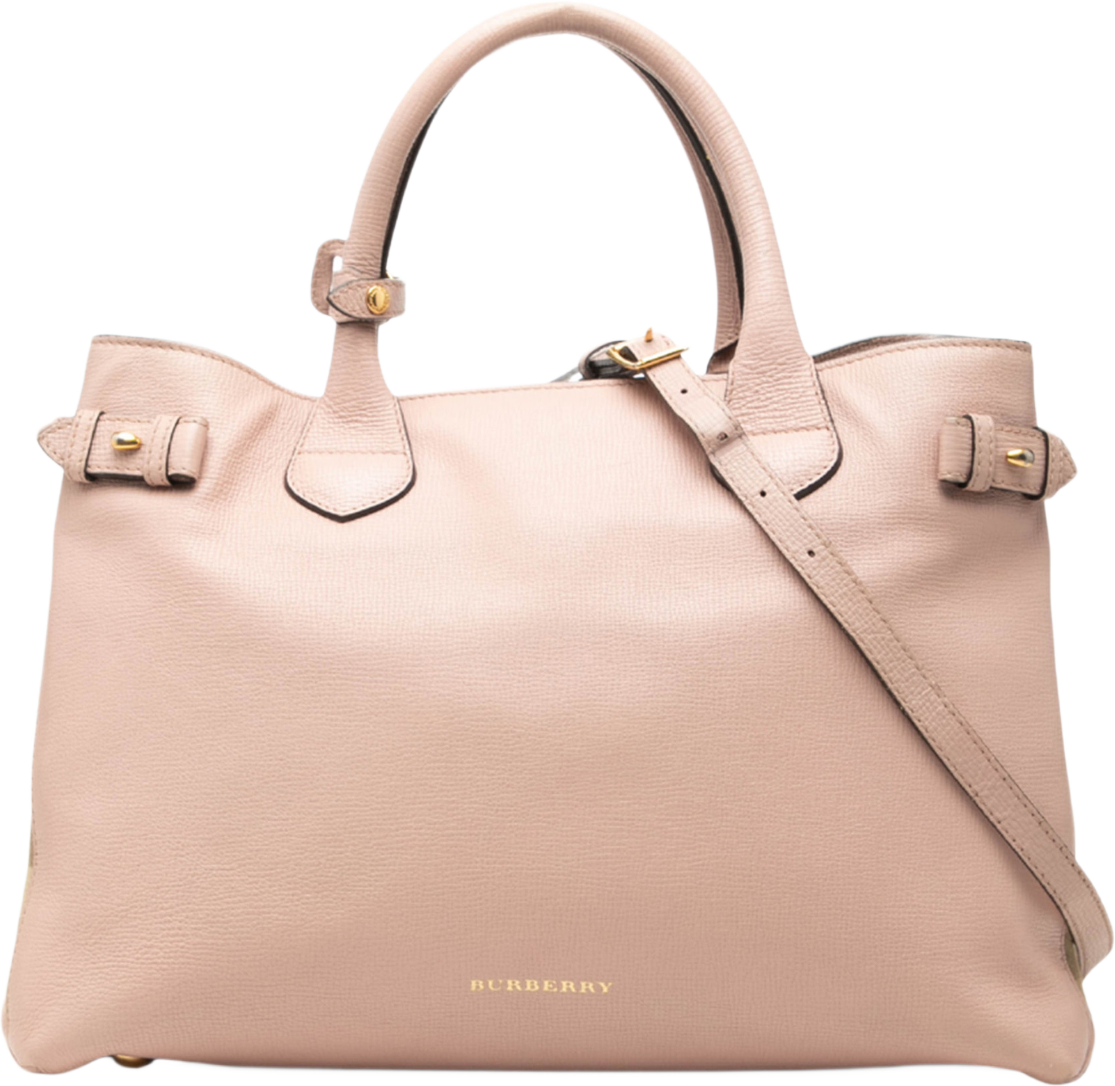 Burberry Medium Leather And House Check Banner Satchel, från Luxclusif, i färgen rosa. Klicka för att öppna bilden i stort format