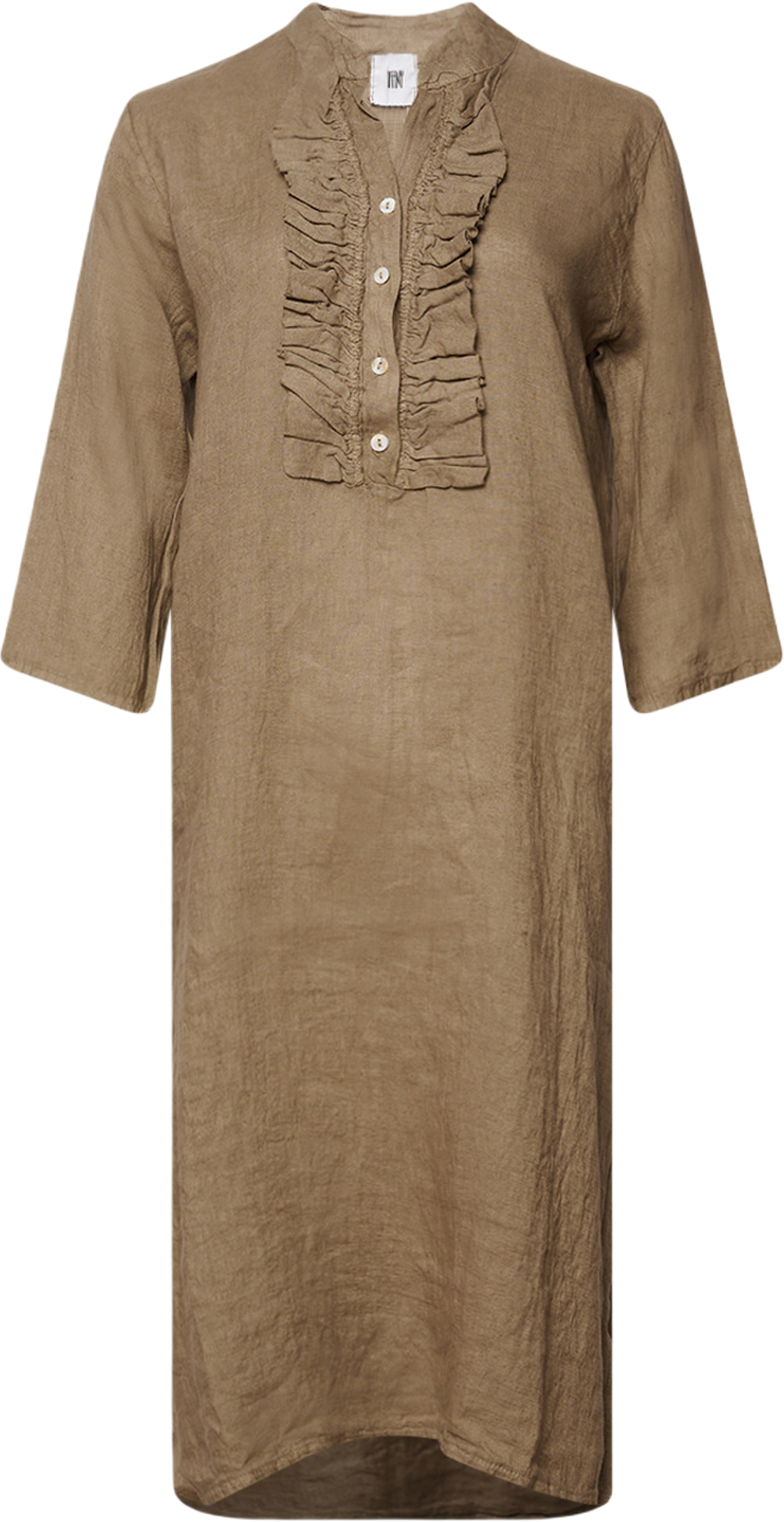 18970r, Long Shirt Dress Ruffle, Linen - Nougat