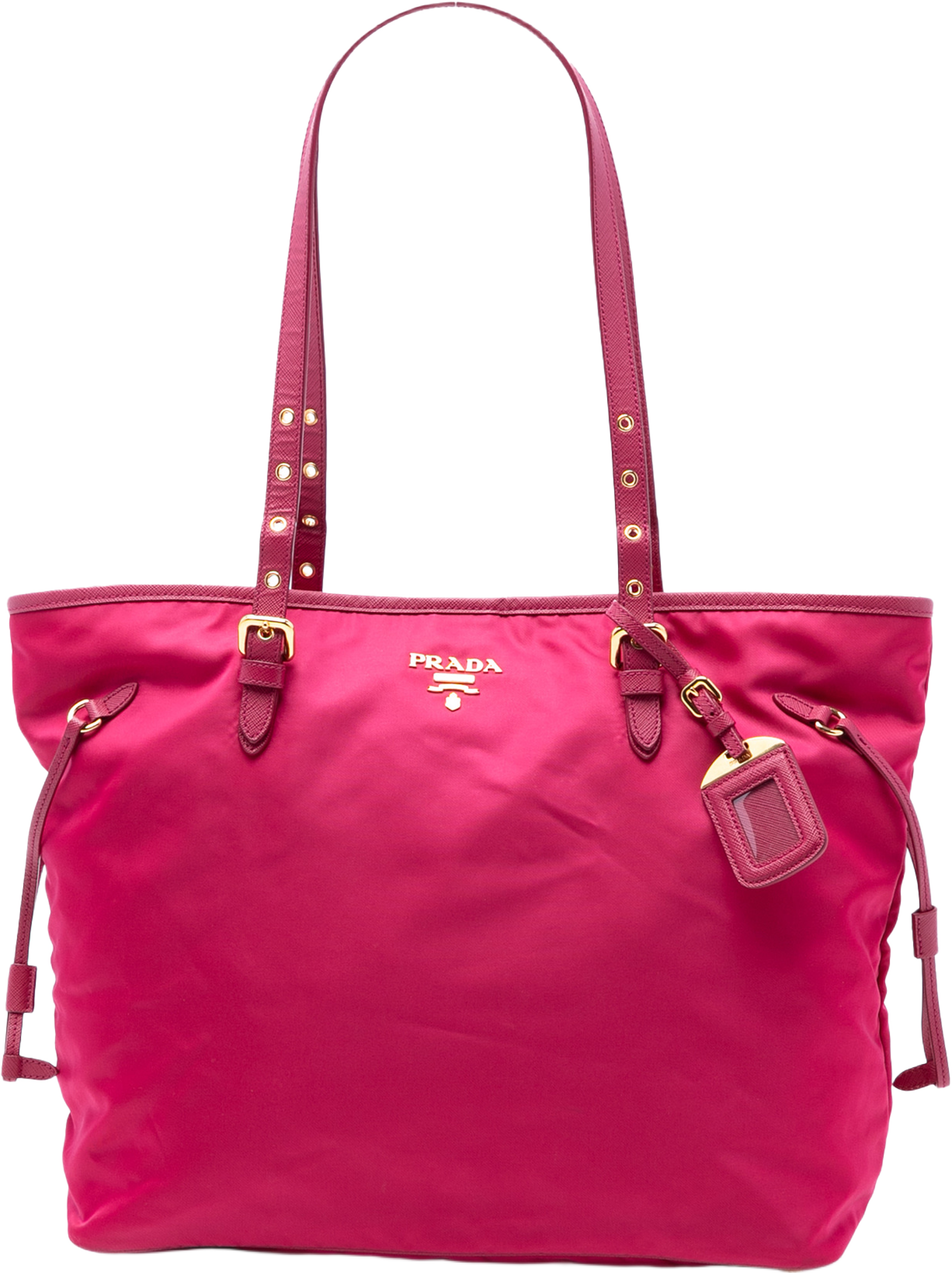 Prada Saffiano Trimmed Tessuto Tote, från Luxclusif, i färgen dark pink. Klicka för att öppna bilden i stort format