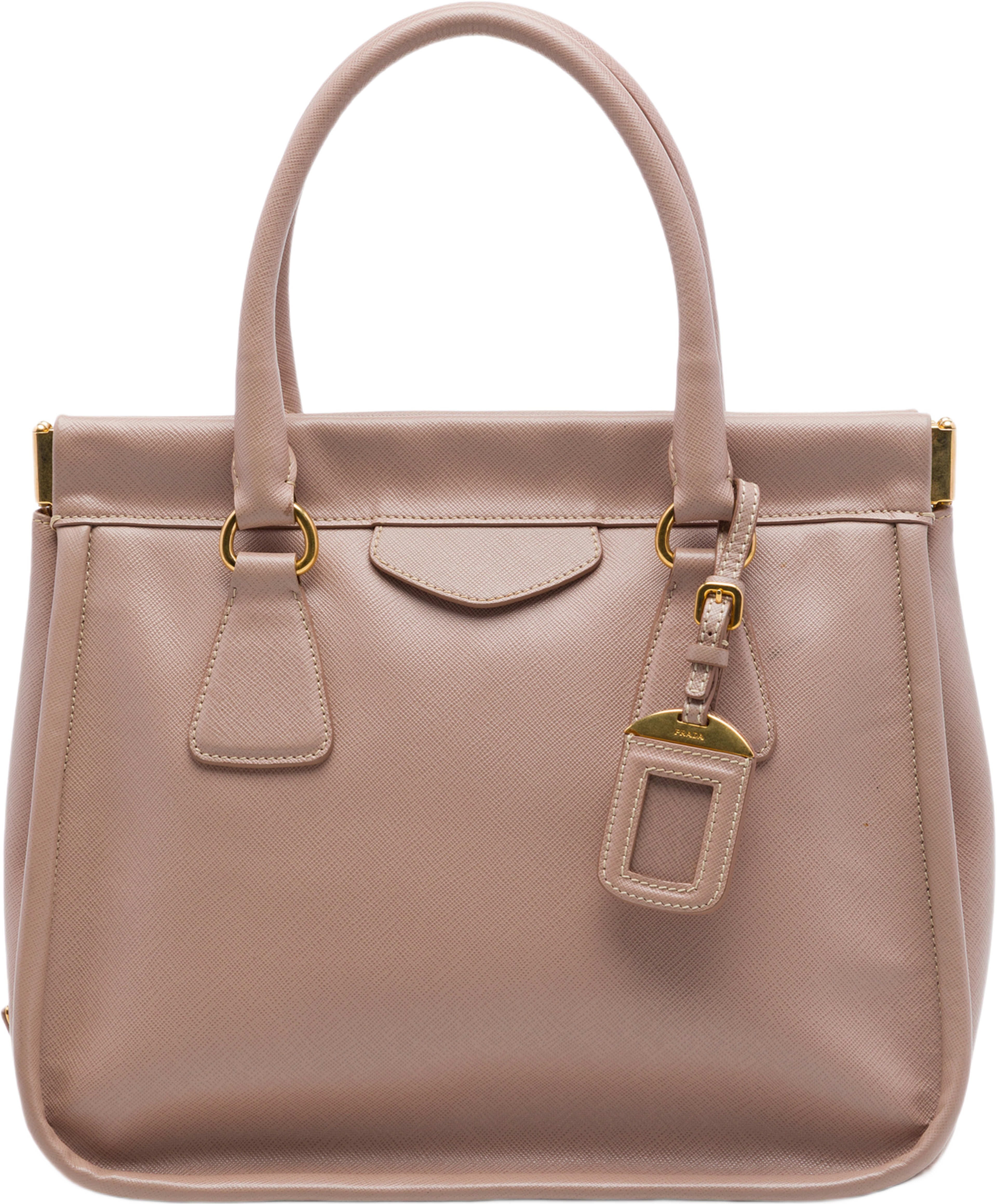 Prada Saffiano Lucido Top Handle Frame Tote, från Luxclusif, i färgen brun. Klicka för att öppna bilden i stort format