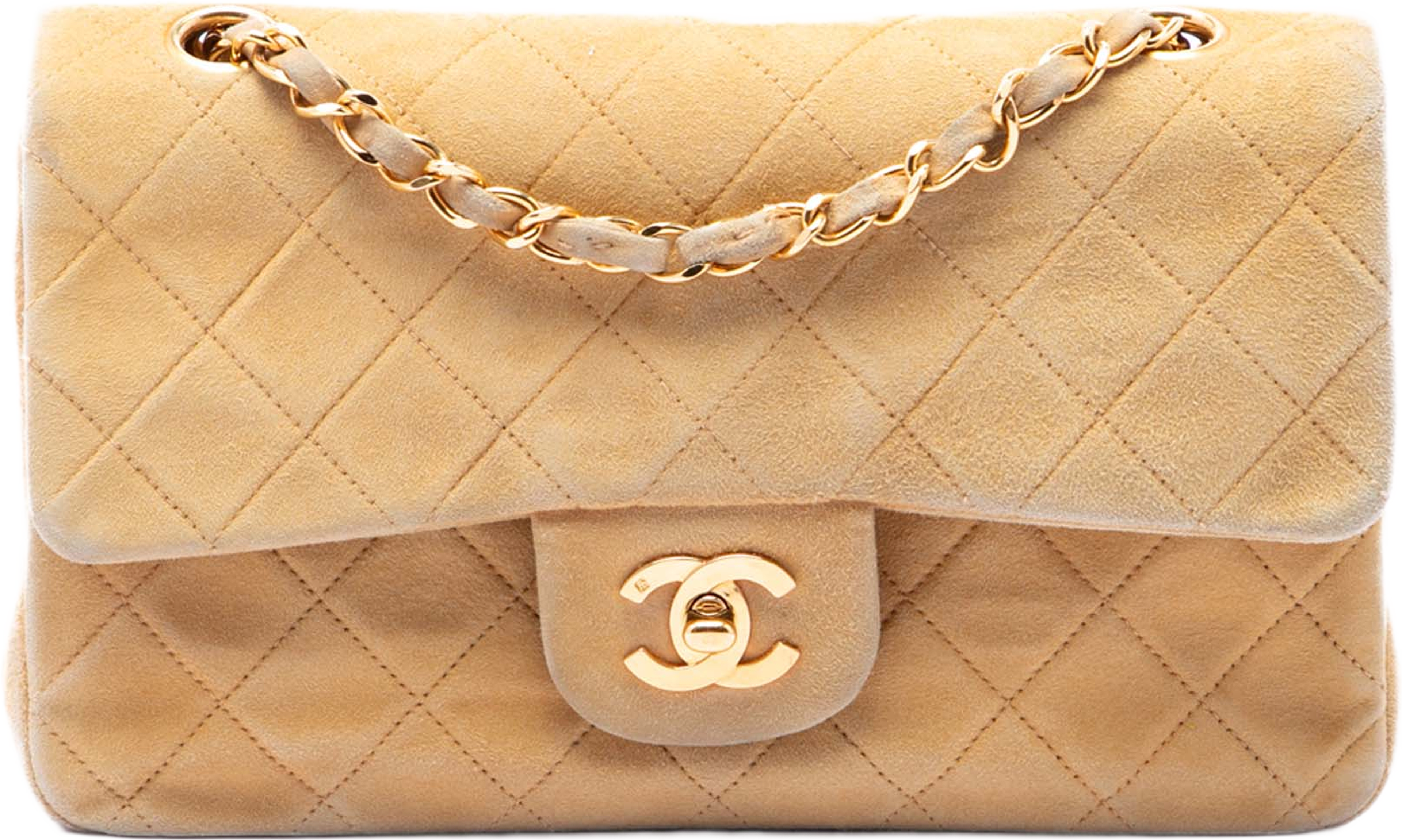 Chanel Small Classic Suede Double Flap, från Luxclusif, i färgen beige. Klicka för att öppna bilden i stort format