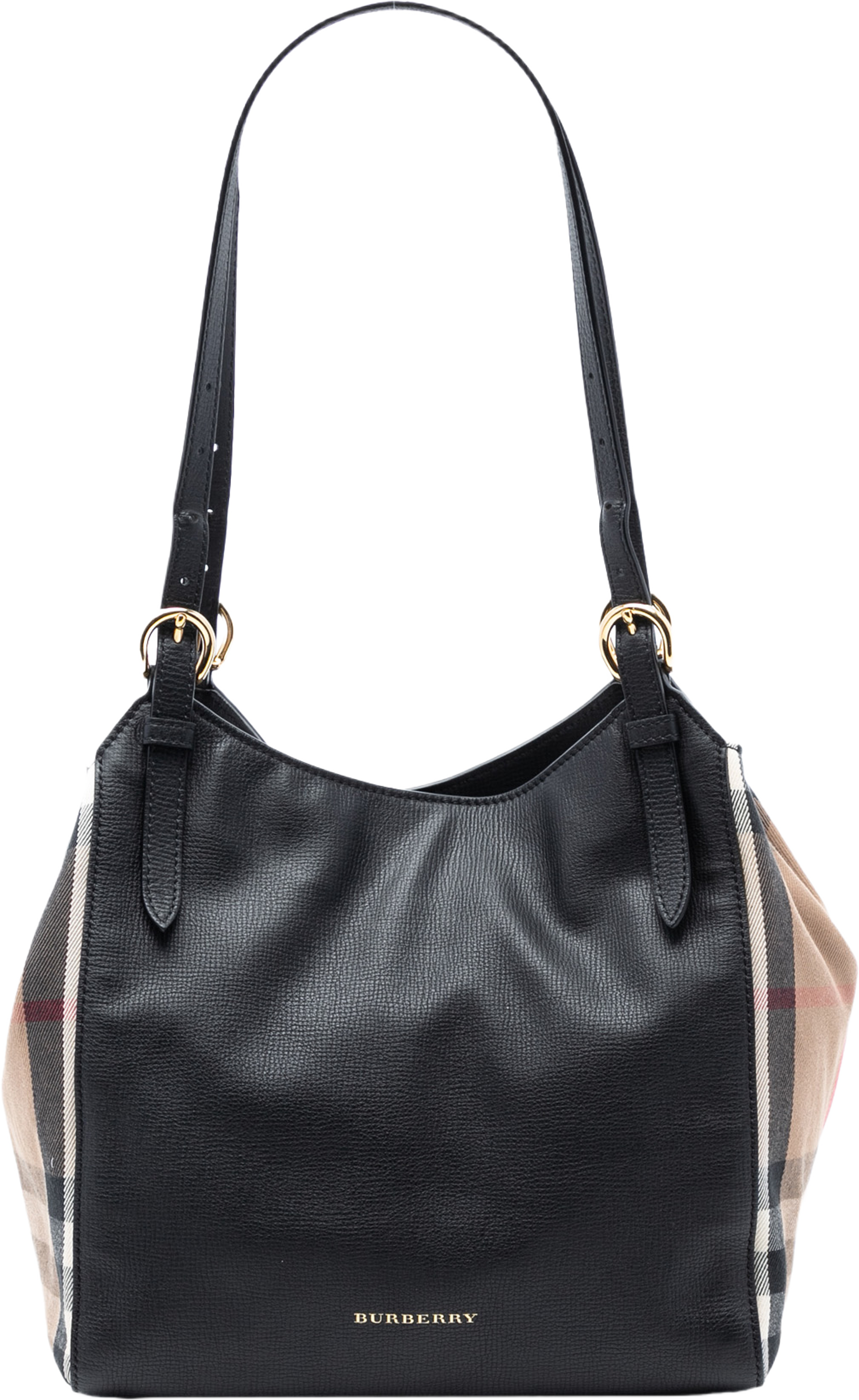 Burberry Small Leather And House Check Canvas Canterbury Tote, från Luxclusif, i färgen black. Klicka för att öppna bilden i stort format