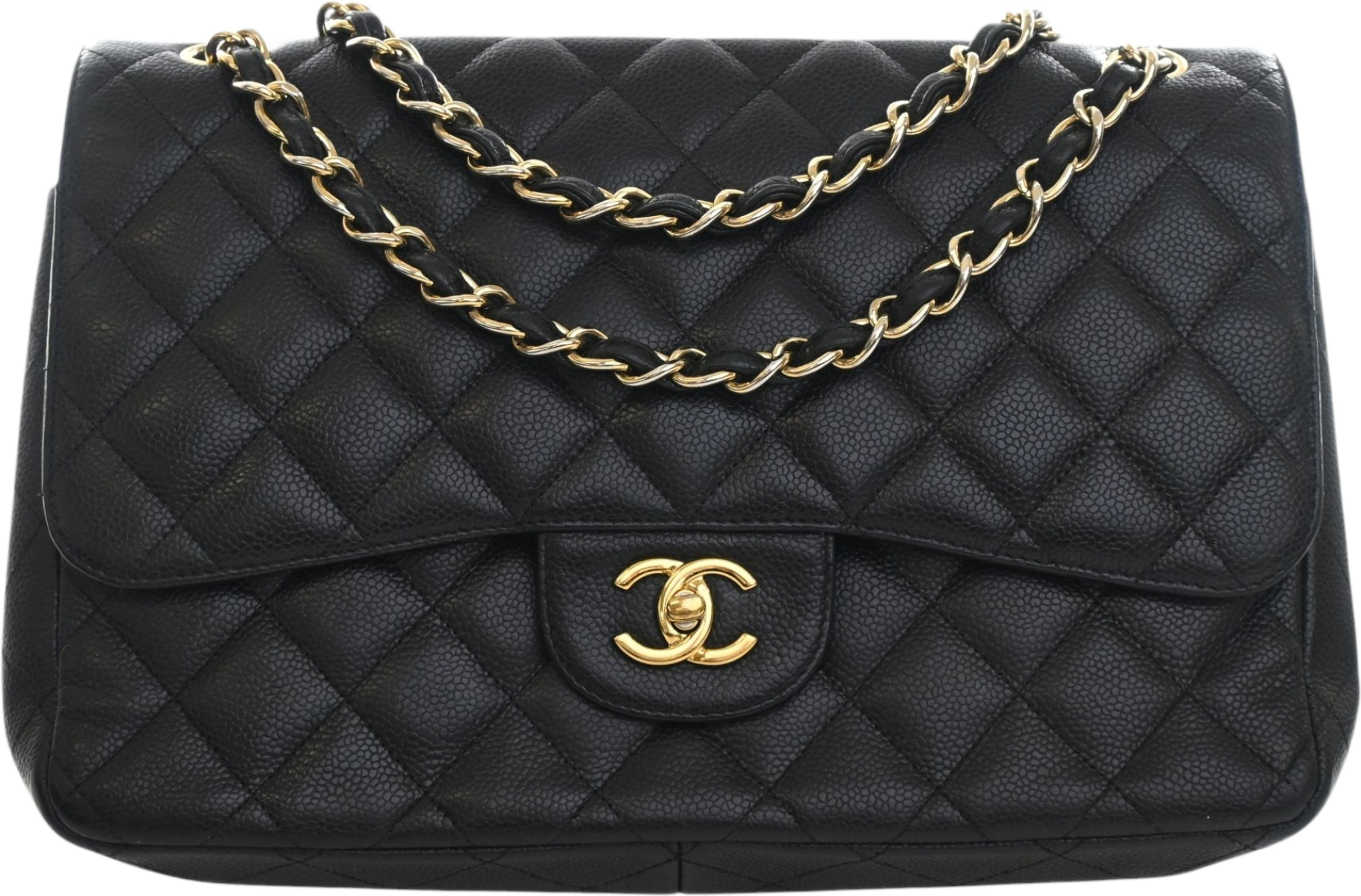Chanel Jumbo Classic Caviar Double Flap, från Luxclusif, i färgen svart. Klicka för att öppna bilden i stort format