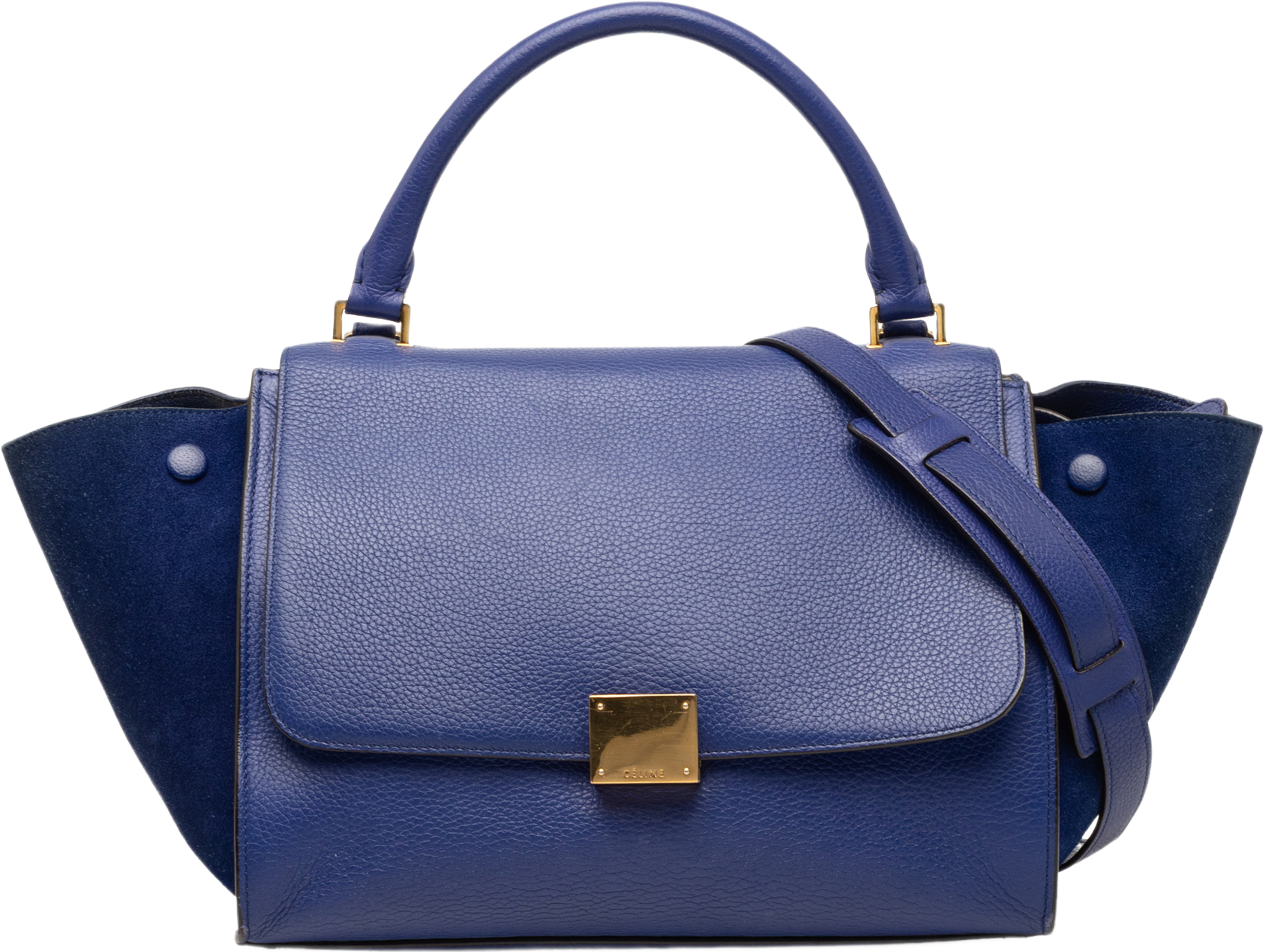 Celine Small Calfskin And Suede Trapeze Satchel, från Luxclusif, i färgen blue. Klicka för att öppna bilden i stort format