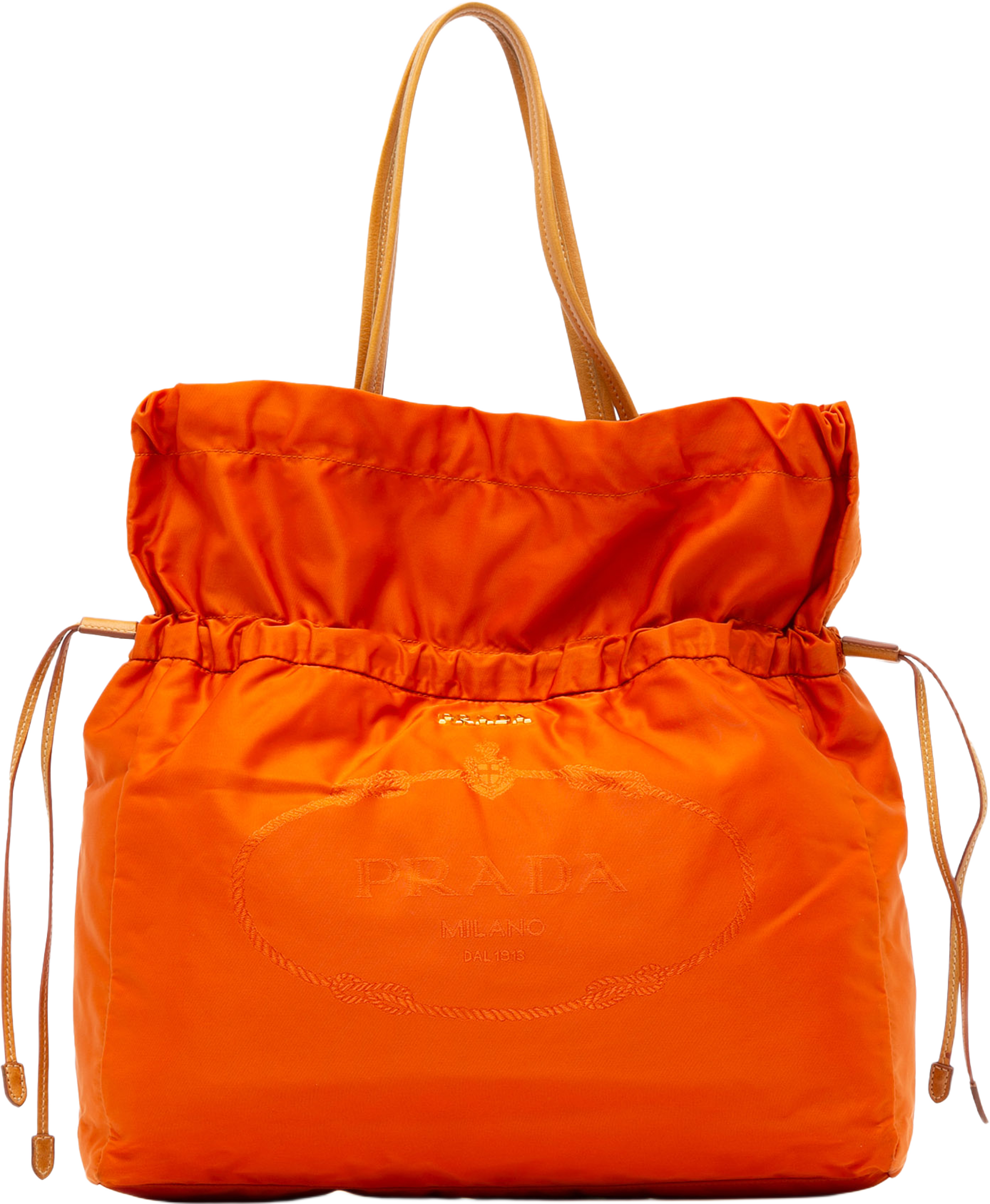 Prada Tessuto Logo Drawstring Tote, från Luxclusif, i färgen orange. Klicka för att öppna bilden i stort format