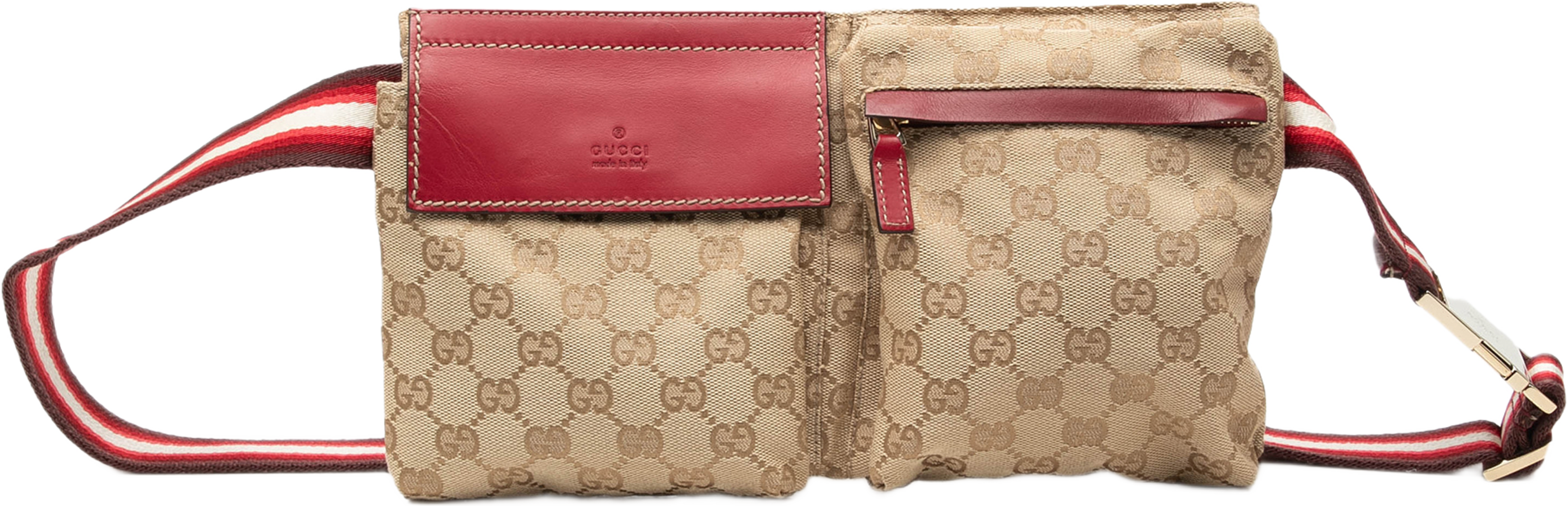 Gucci Gg Canvas Double Pocket Belt Bag, från Luxclusif, i färgen röd. Klicka för att öppna bilden i stort format