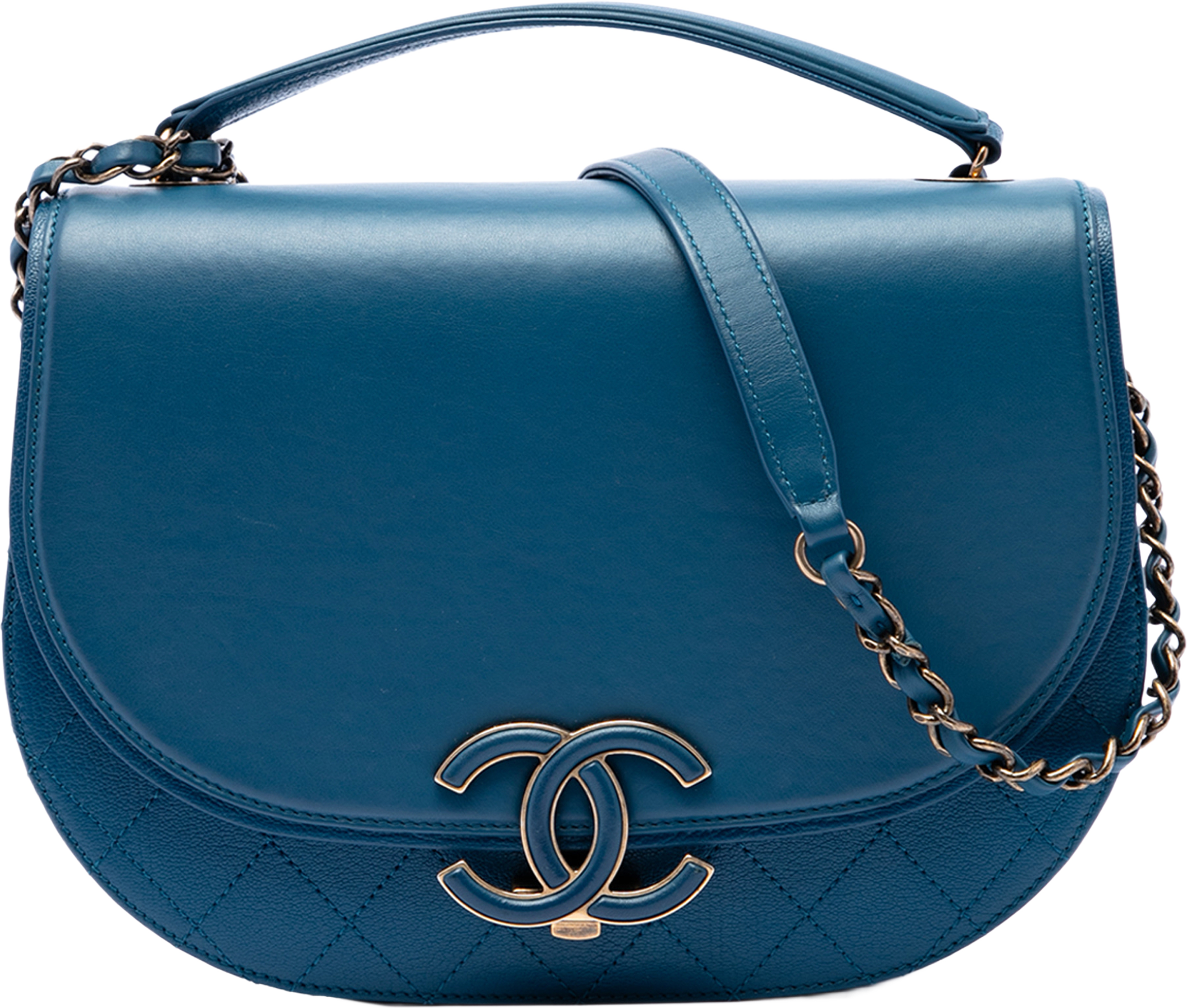 Chanel Medium Shiny Calfskin And Quilted Goatskin Coco Curve Flap, från Luxclusif, i färgen blå. Klicka för att öppna bilden i stort format