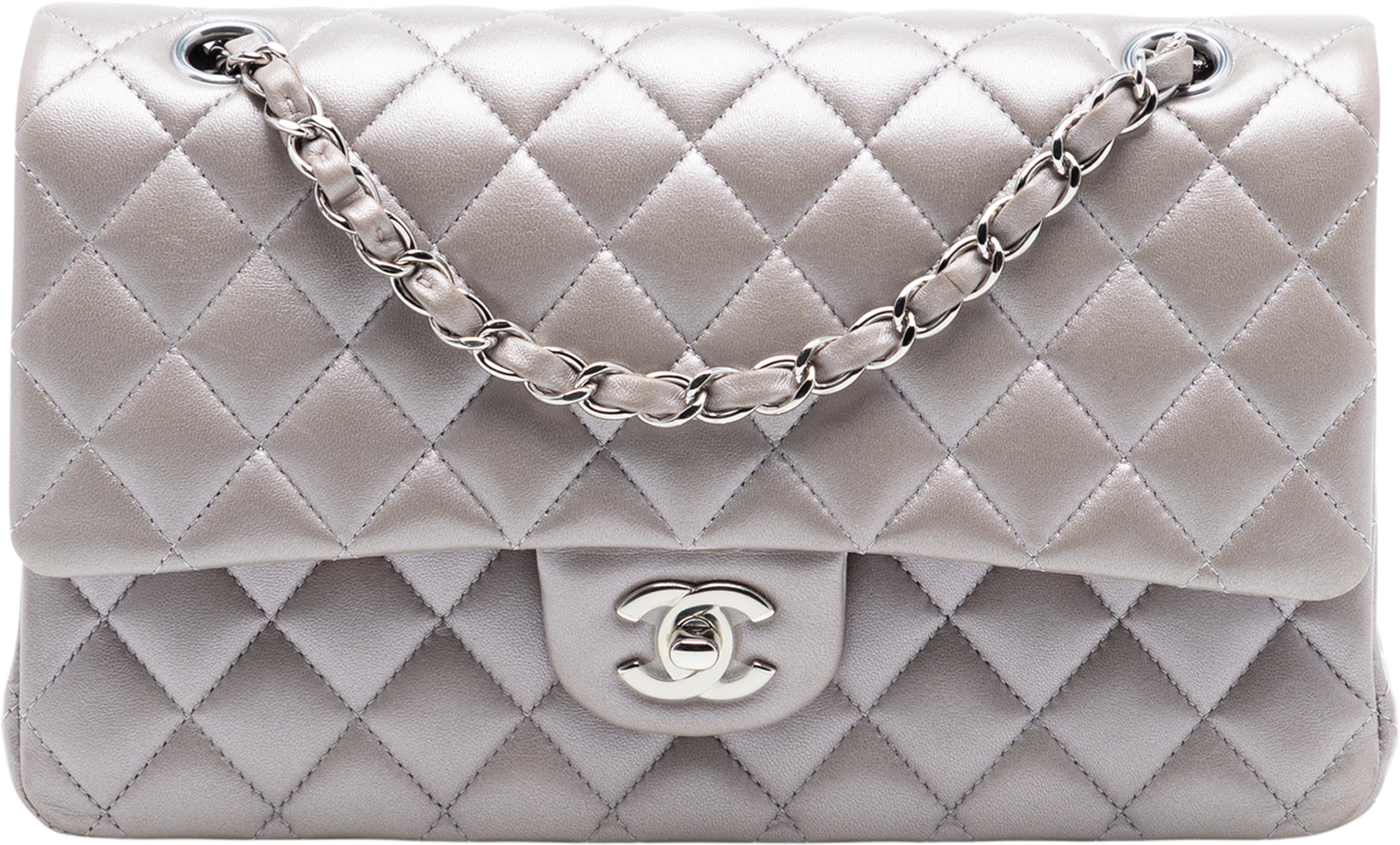 Chanel Medium Classic Metallic Lambskin Double Flap, från Luxclusif, i färgen pomice. Klicka för att öppna bilden i stort format