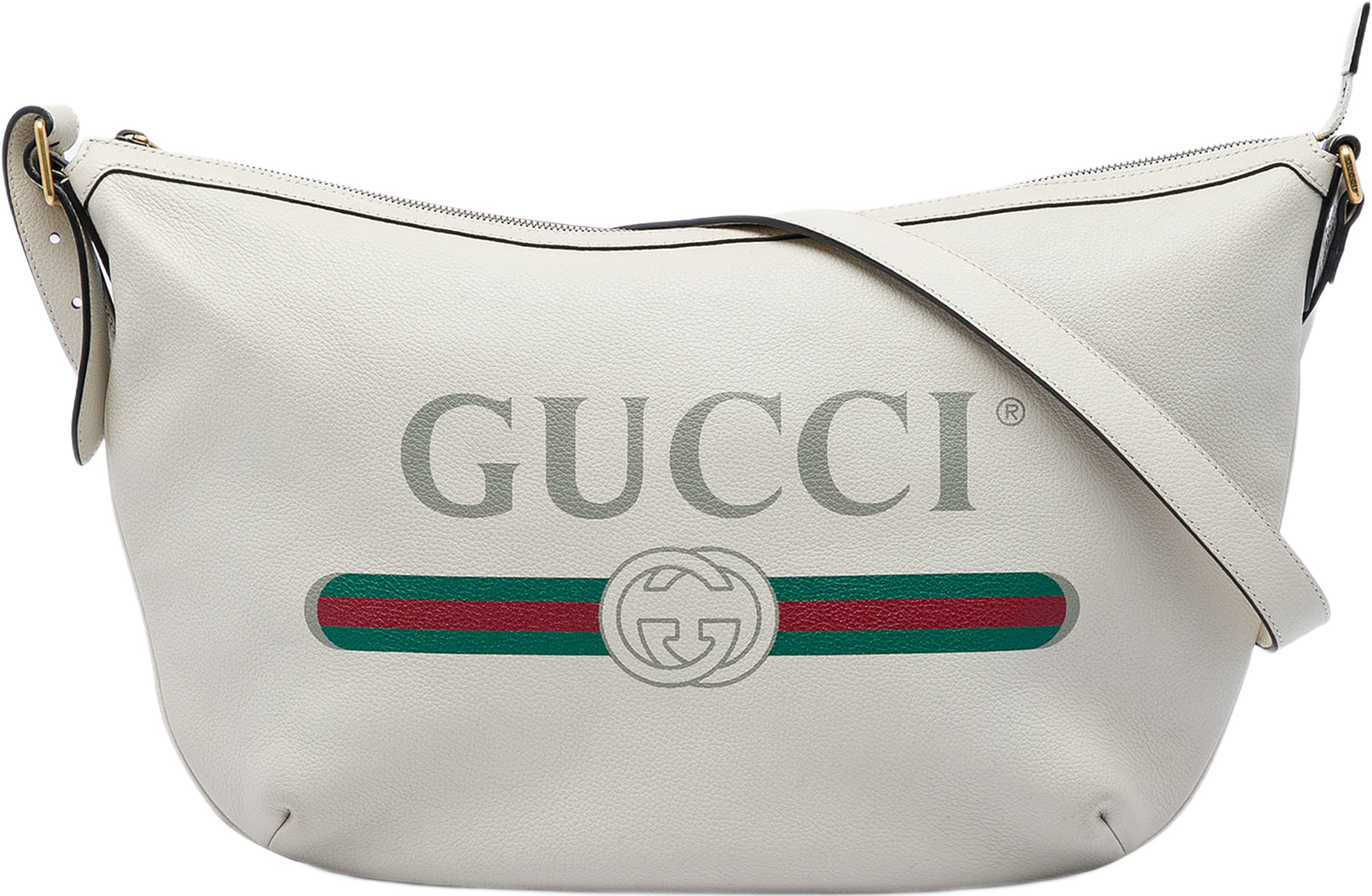 Gucci Grained Calfskin Logo Half Moon Crossbody, från Luxclusif, i färgen vit. Klicka för att öppna bilden i stort format
