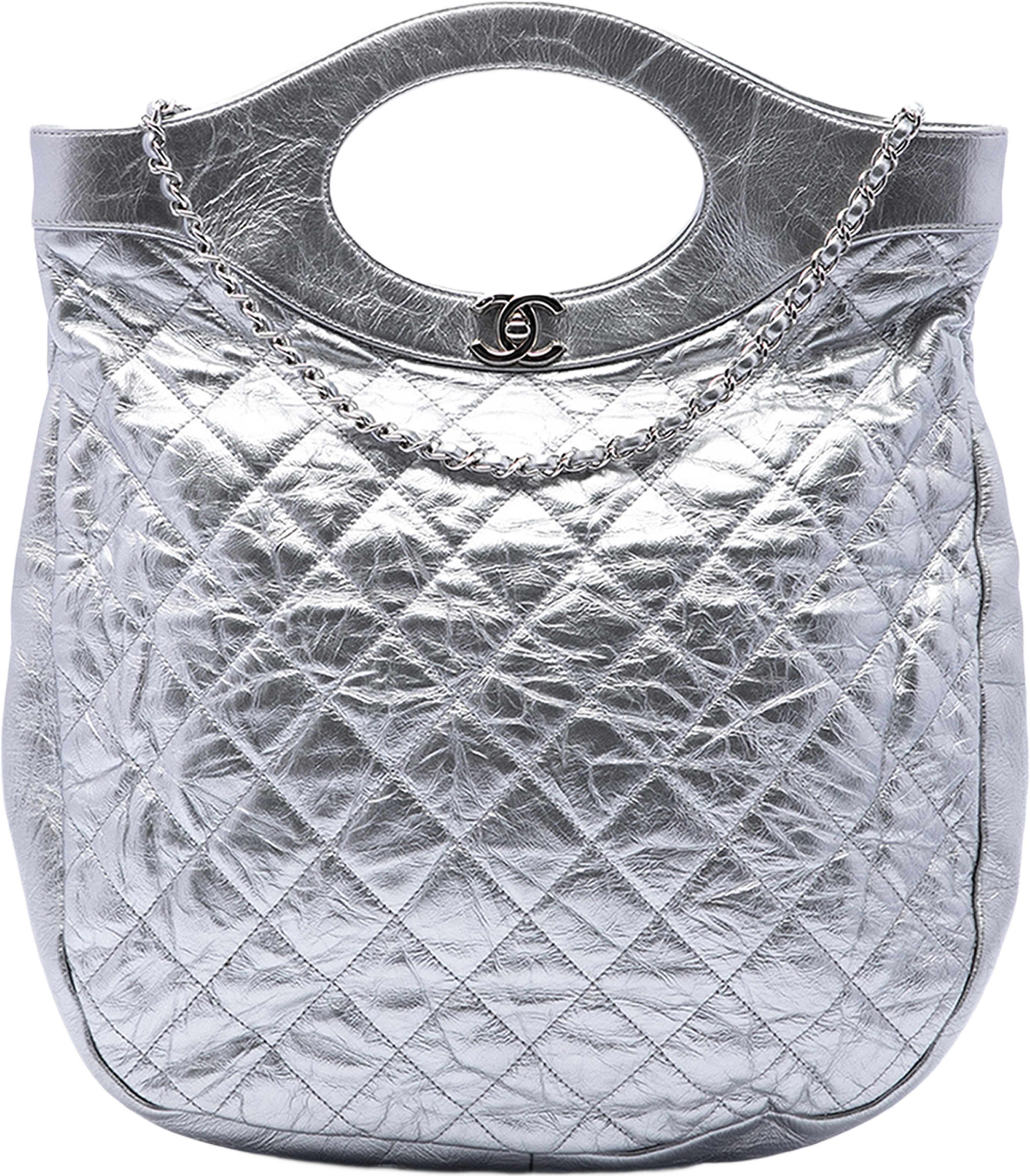 Chanel Quilted Crumpled Metallic Calfskin 31 Shopping Tote, från Luxclusif, i färgen silver. Klicka för att öppna bilden i stort format