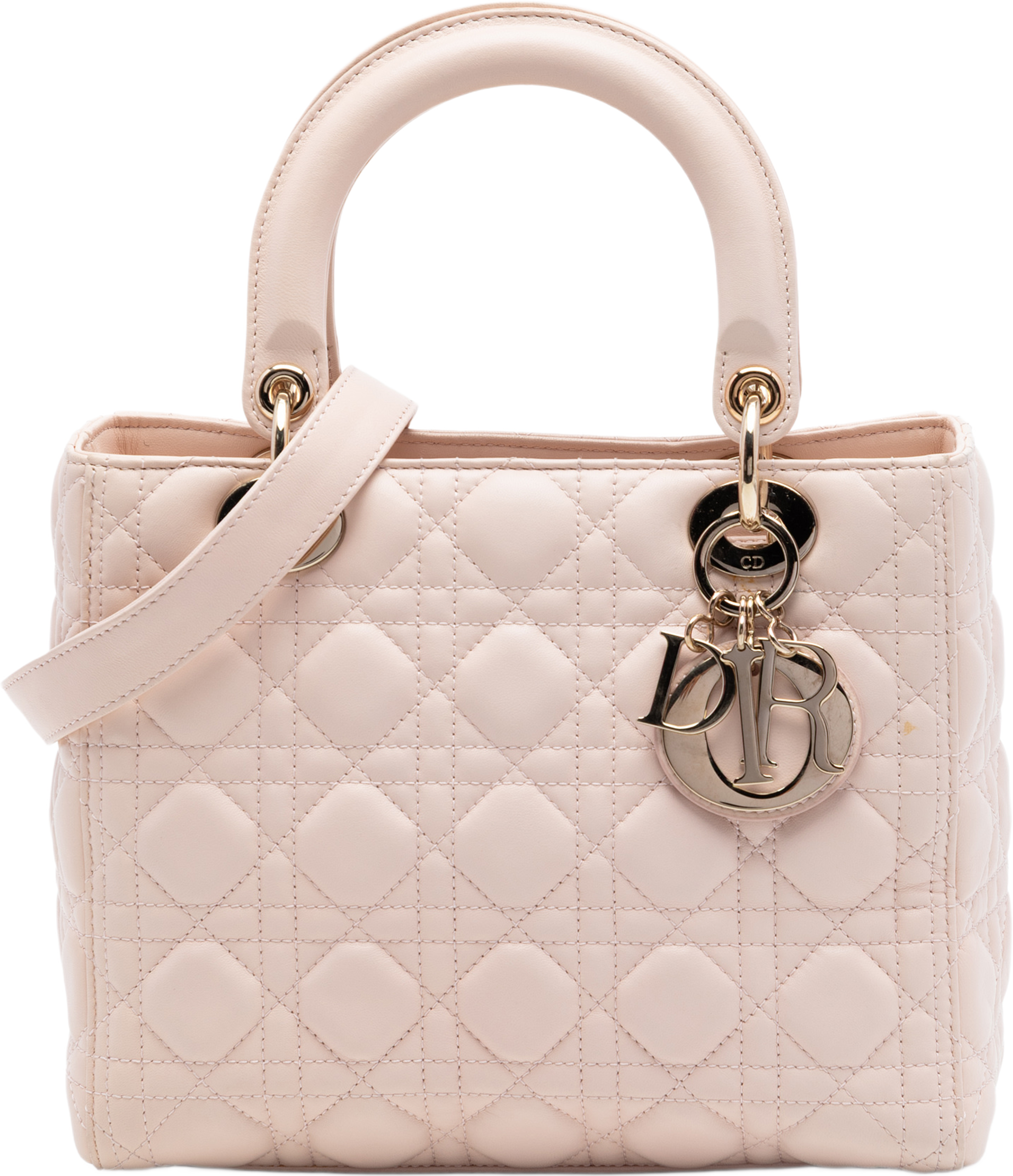 Dior Medium Lambskin Cannage Lady Dior, från Luxclusif, i färgen light pink. Klicka för att öppna bilden i stort format