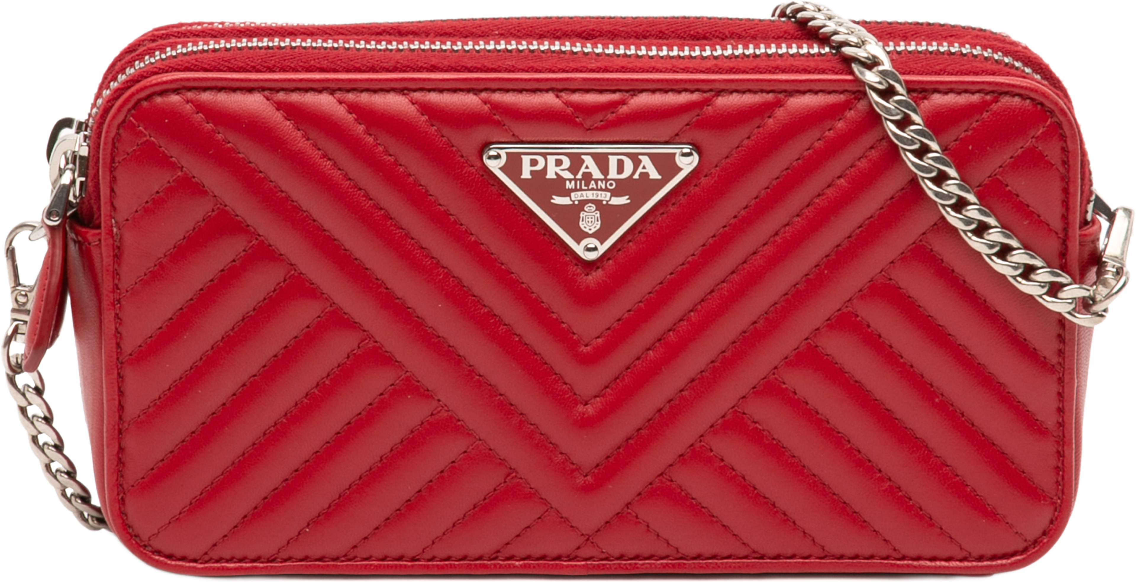 Prada Mini Soft Calf Impunture Diagramme Double Zip Bag, från Luxclusif, i färgen röd. Klicka för att öppna bilden i stort format