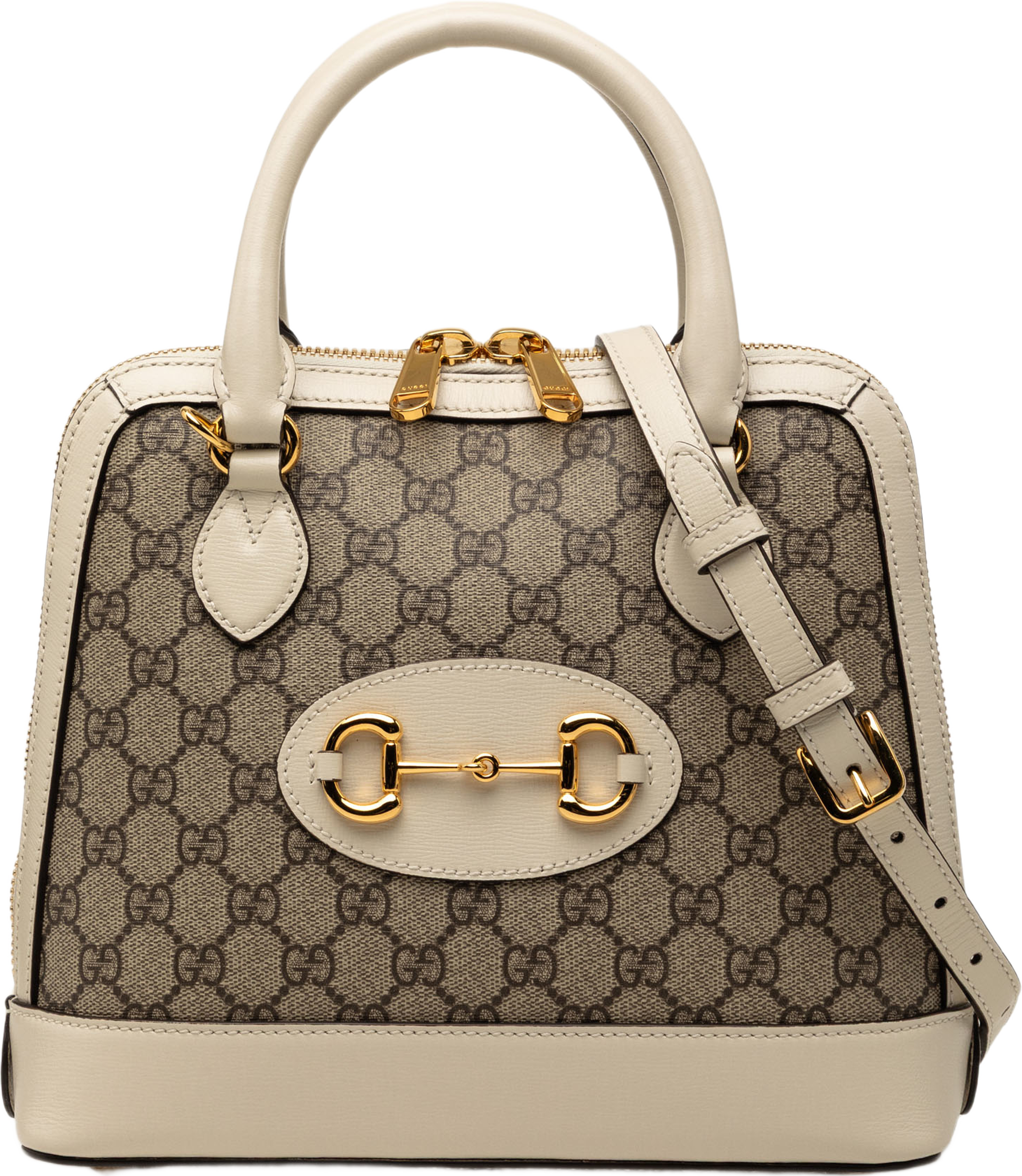 Gucci Small Gg Supreme Horsebit 1955 Satchel, från Luxclusif, i färgen beige. Klicka för att öppna bilden i stort format