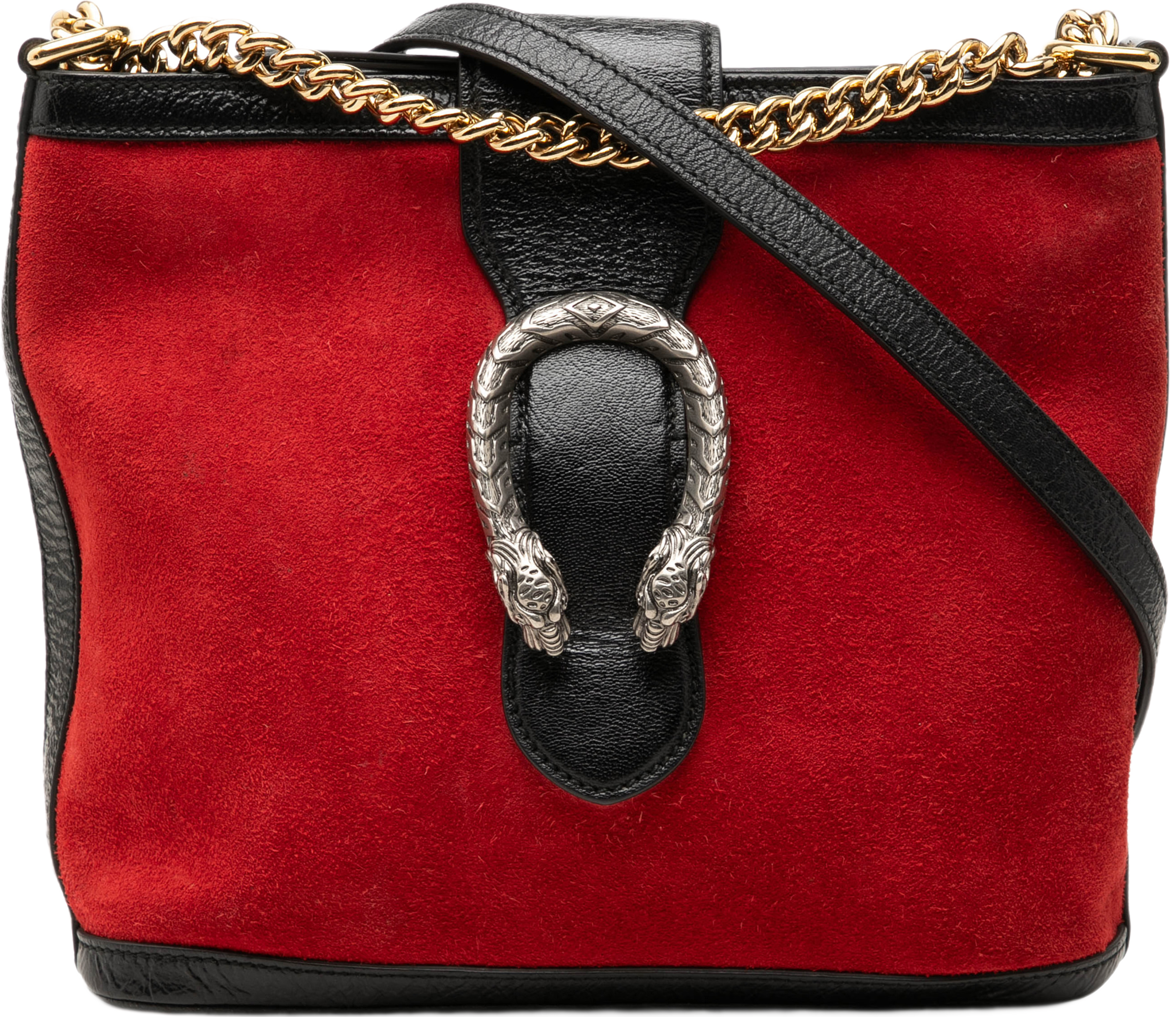 Gucci Suede Dionysus Bucket Bag, från Luxclusif, i färgen röd. Klicka för att öppna bilden i stort format