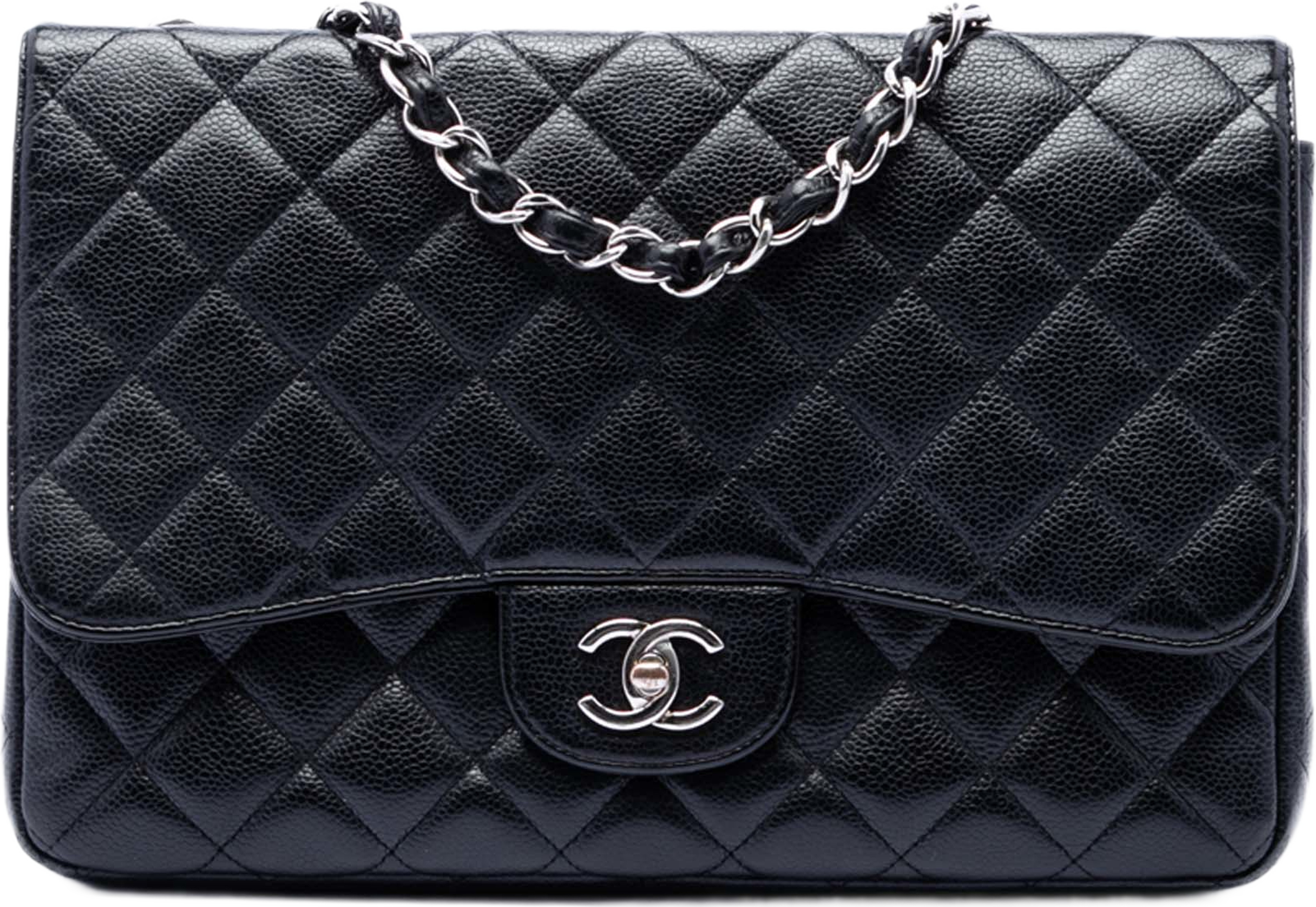 Chanel Jumbo Classic Caviar Single Flap, från Luxclusif, i färgen black. Klicka för att öppna bilden i stort format