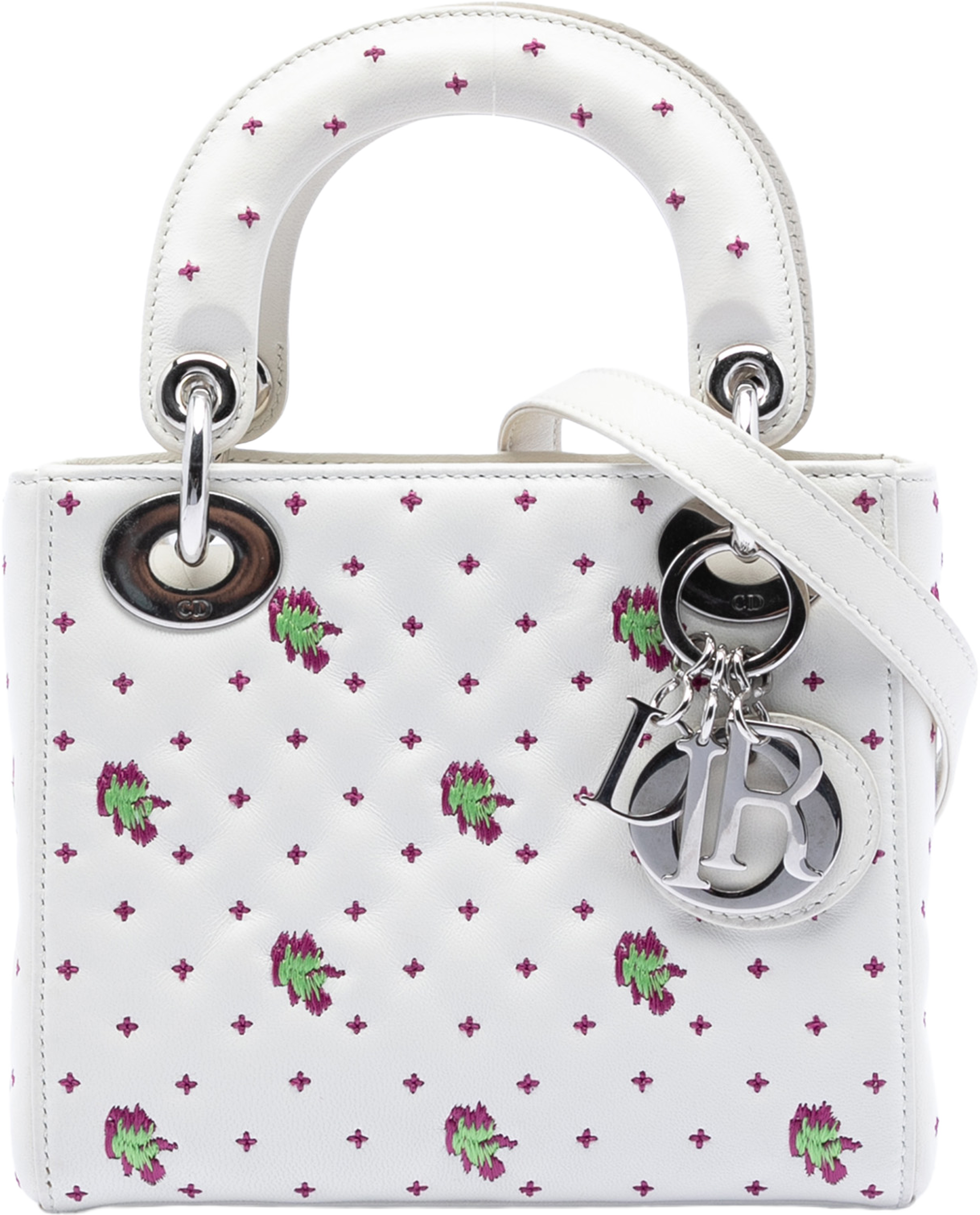 Dior Mini Embroidered Calfskin Lady Dior, från Luxclusif, i färgen white. Klicka för att öppna bilden i stort format