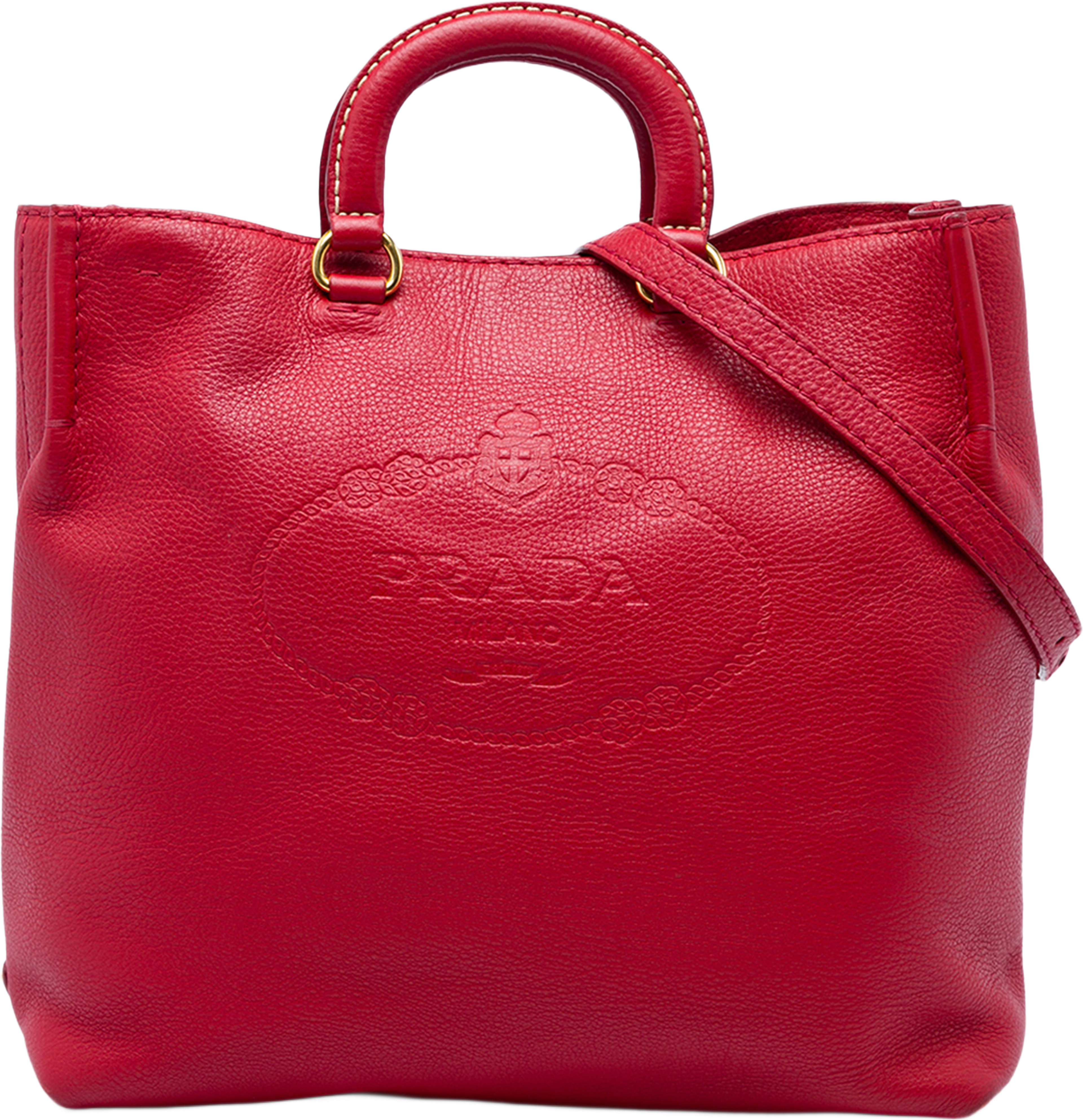Prada Vitello Daino Canapa Logo Open Convertible Tote, från Luxclusif, i färgen röd. Klicka för att öppna bilden i stort format