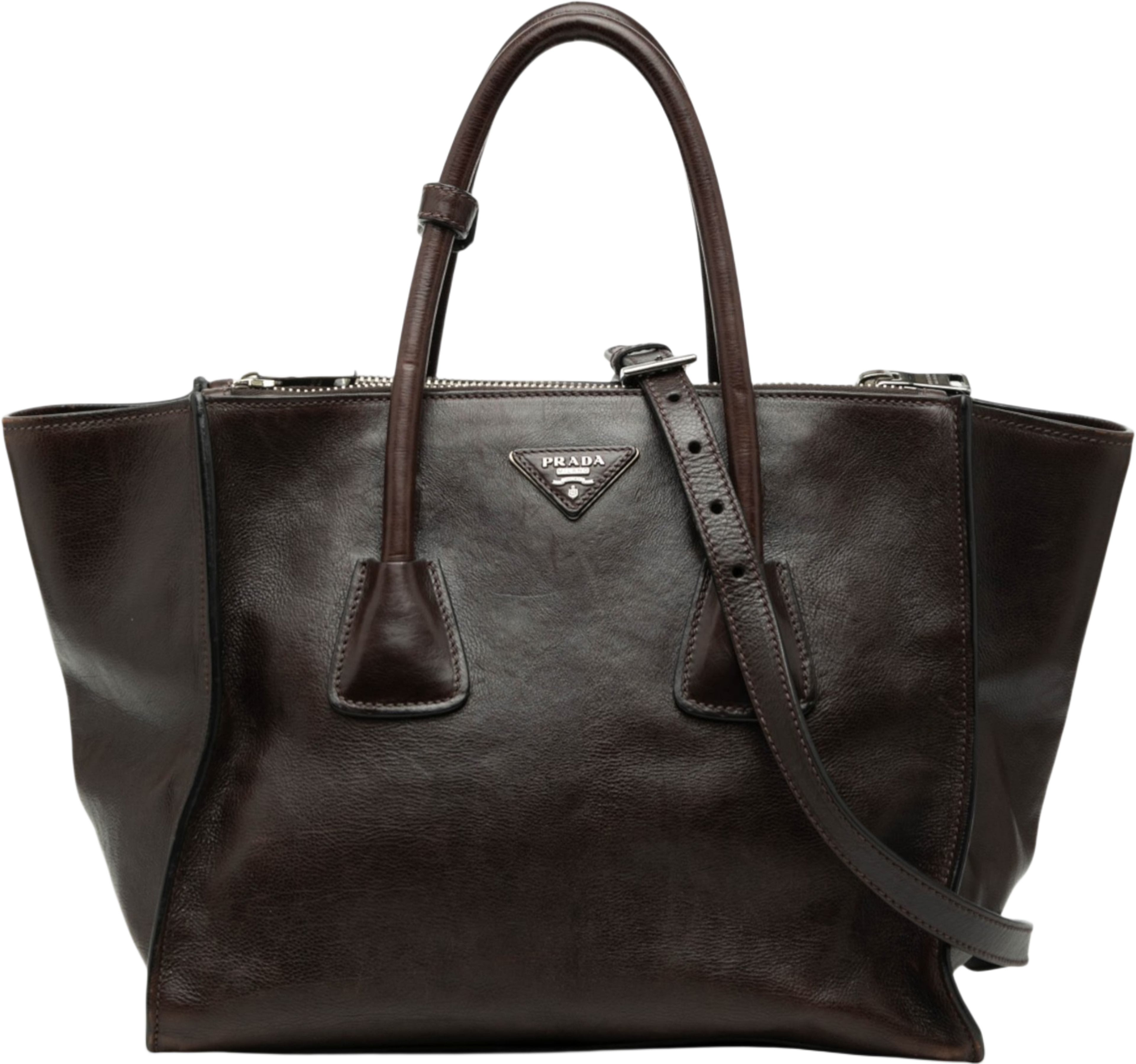 Prada Glace Calf Twin Pocket Double Handle Satchel, från Luxclusif, i färgen dark brown. Klicka för att öppna bilden i stort format