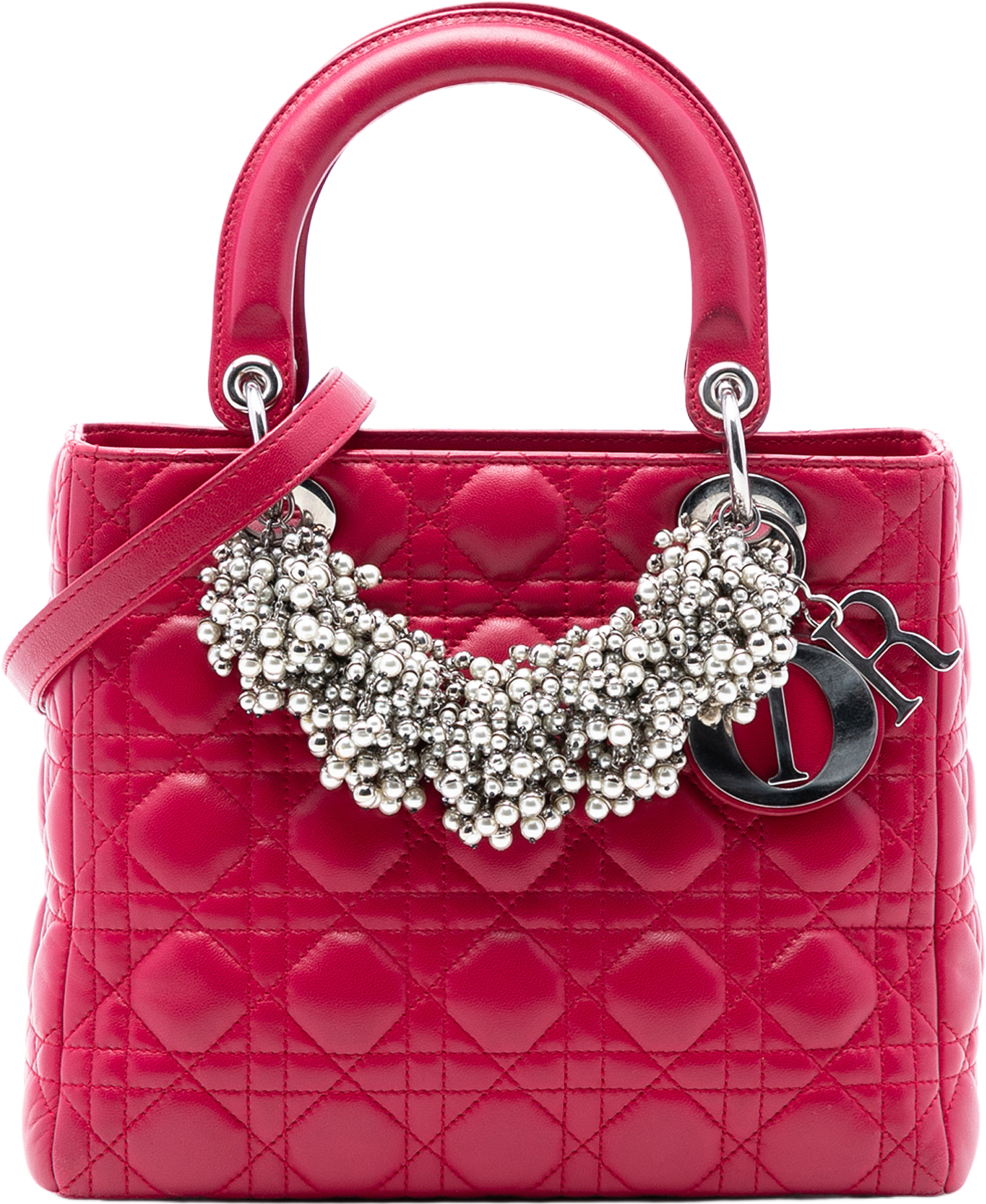 Dior Medium Lambskin Cannage Pearl Lady Dior, från Luxclusif, i färgen red. Klicka för att öppna bilden i stort format