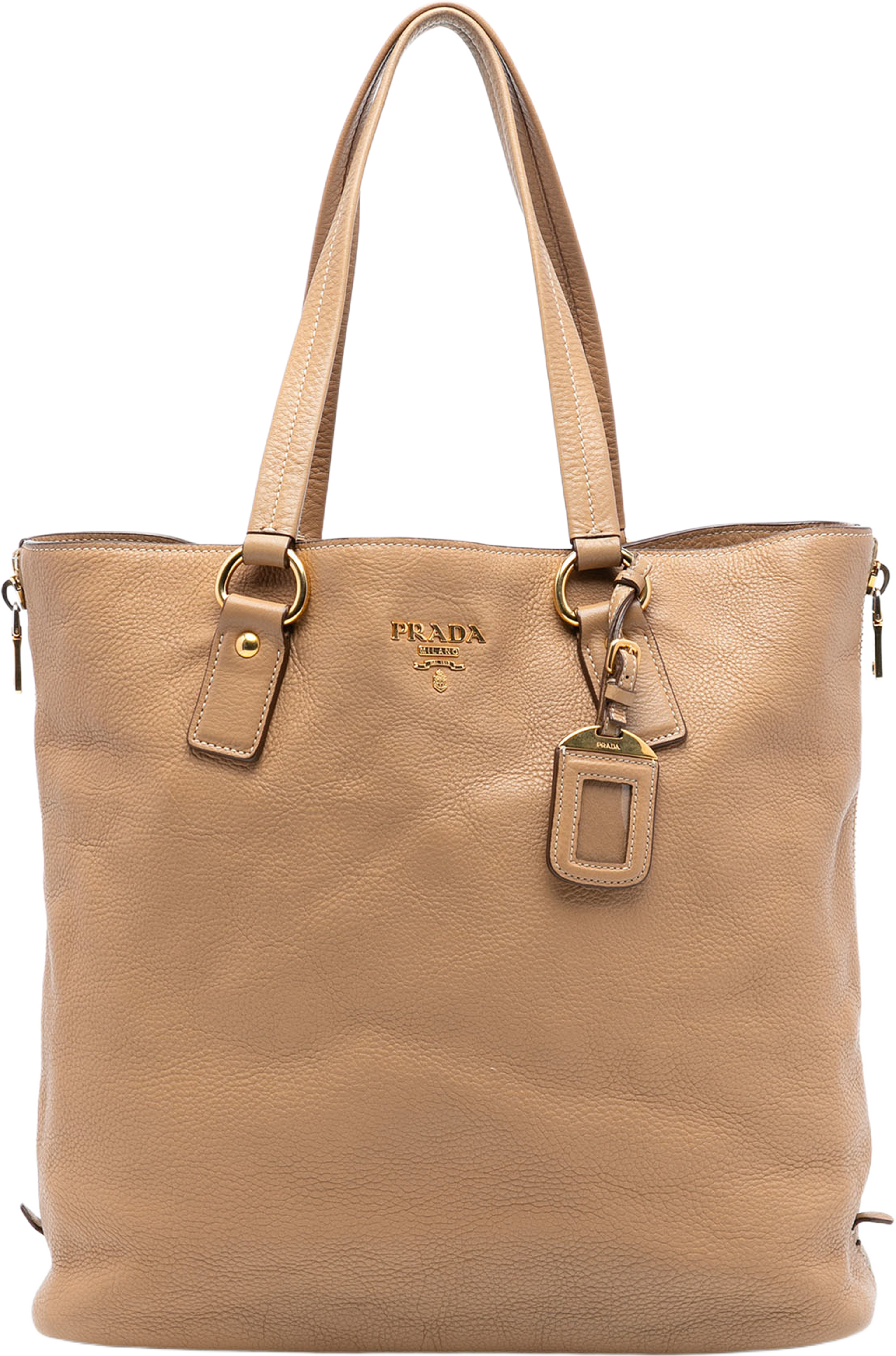 Prada Vitello Daino Side Zip Shopper Tote, från Luxclusif, i färgen beige. Klicka för att öppna bilden i stort format