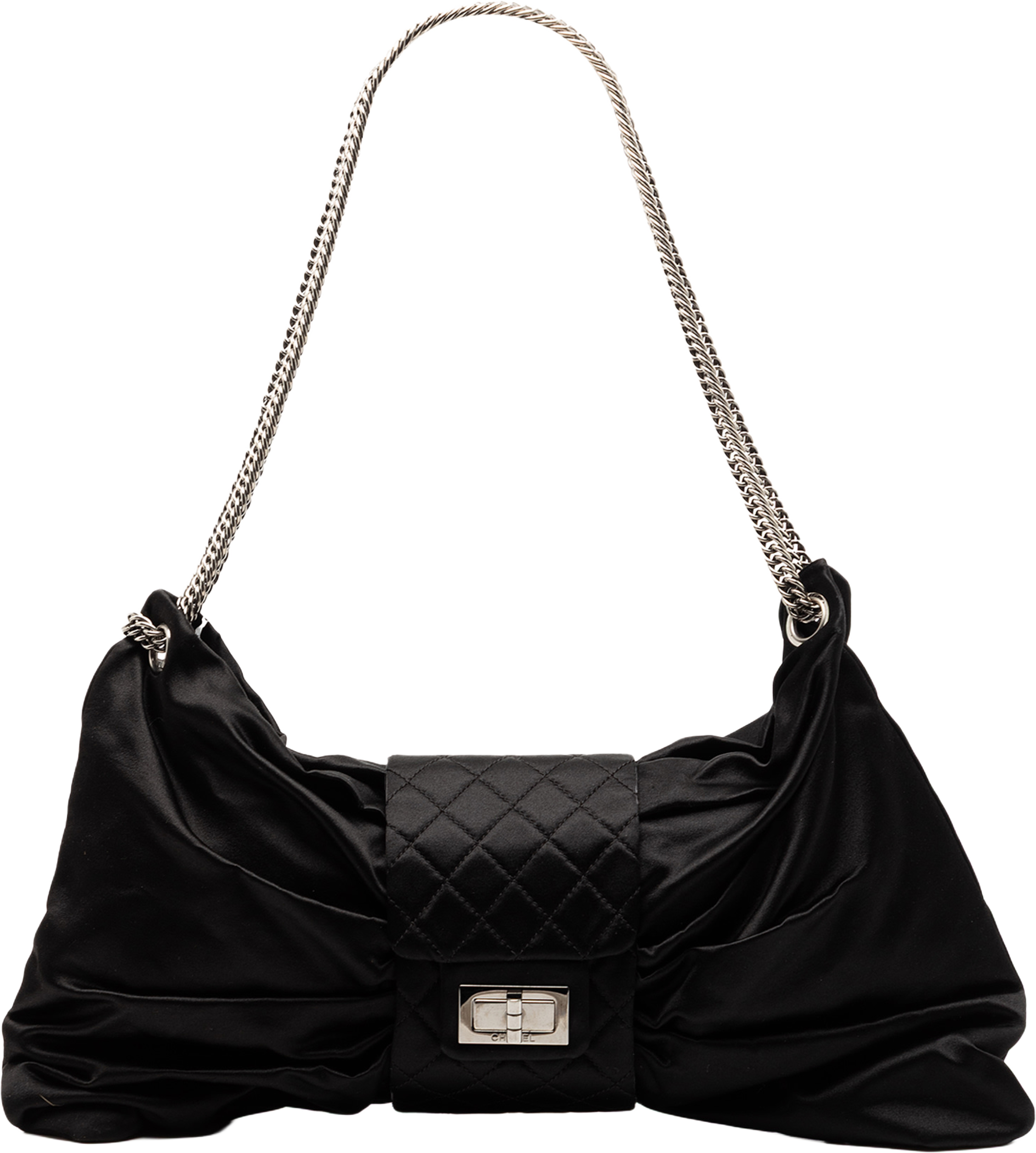 Chanel Medium Satin Bow Mademoiselle Shoulder Bag, från Luxclusif, i färgen black. Klicka för att öppna bilden i stort format