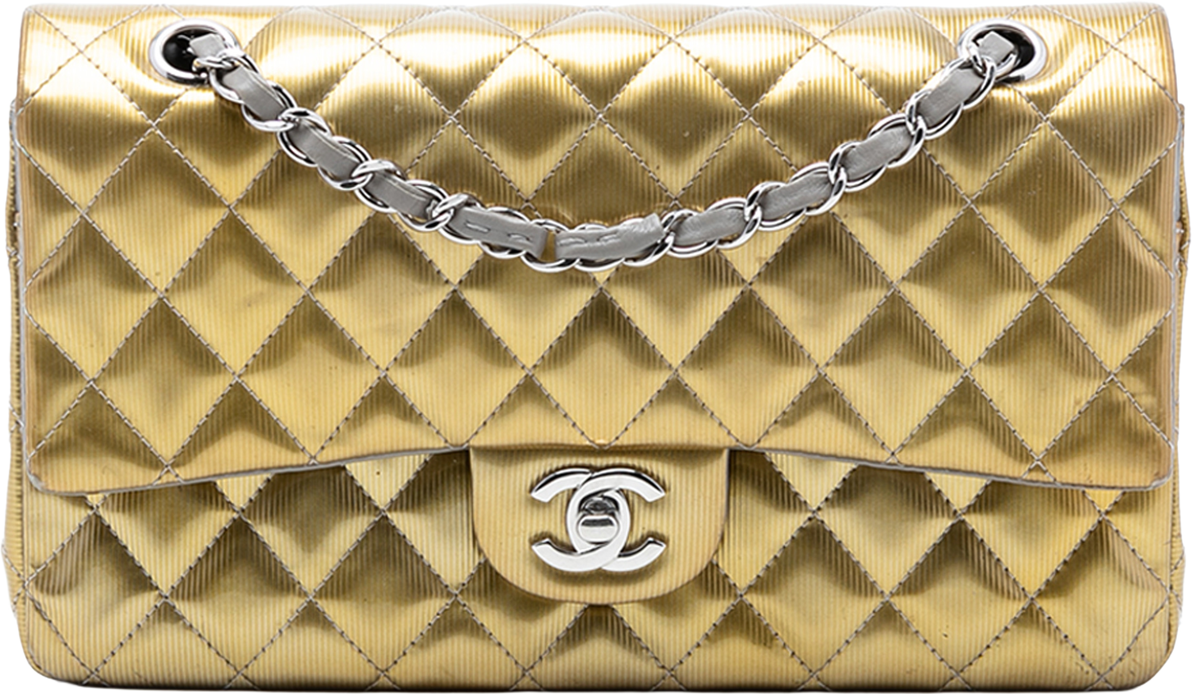 Chanel Medium Classic Striated Patent Double Flap, från Luxclusif, i färgen gold. Klicka för att öppna bilden i stort format