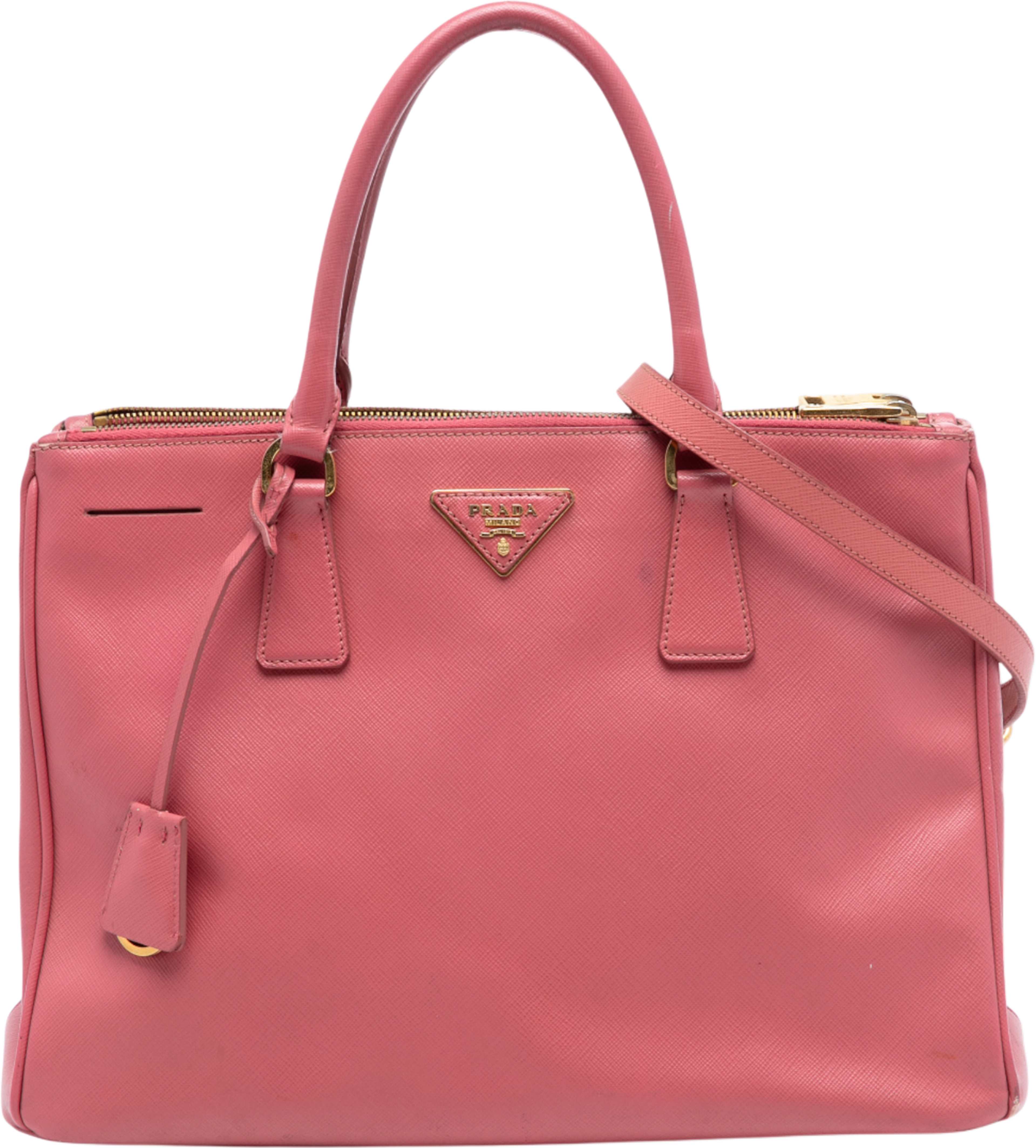 Prada Medium Saffiano Lux Galleria Double Zip Satchel, från Luxclusif, i färgen pink. Klicka för att öppna bilden i stort format