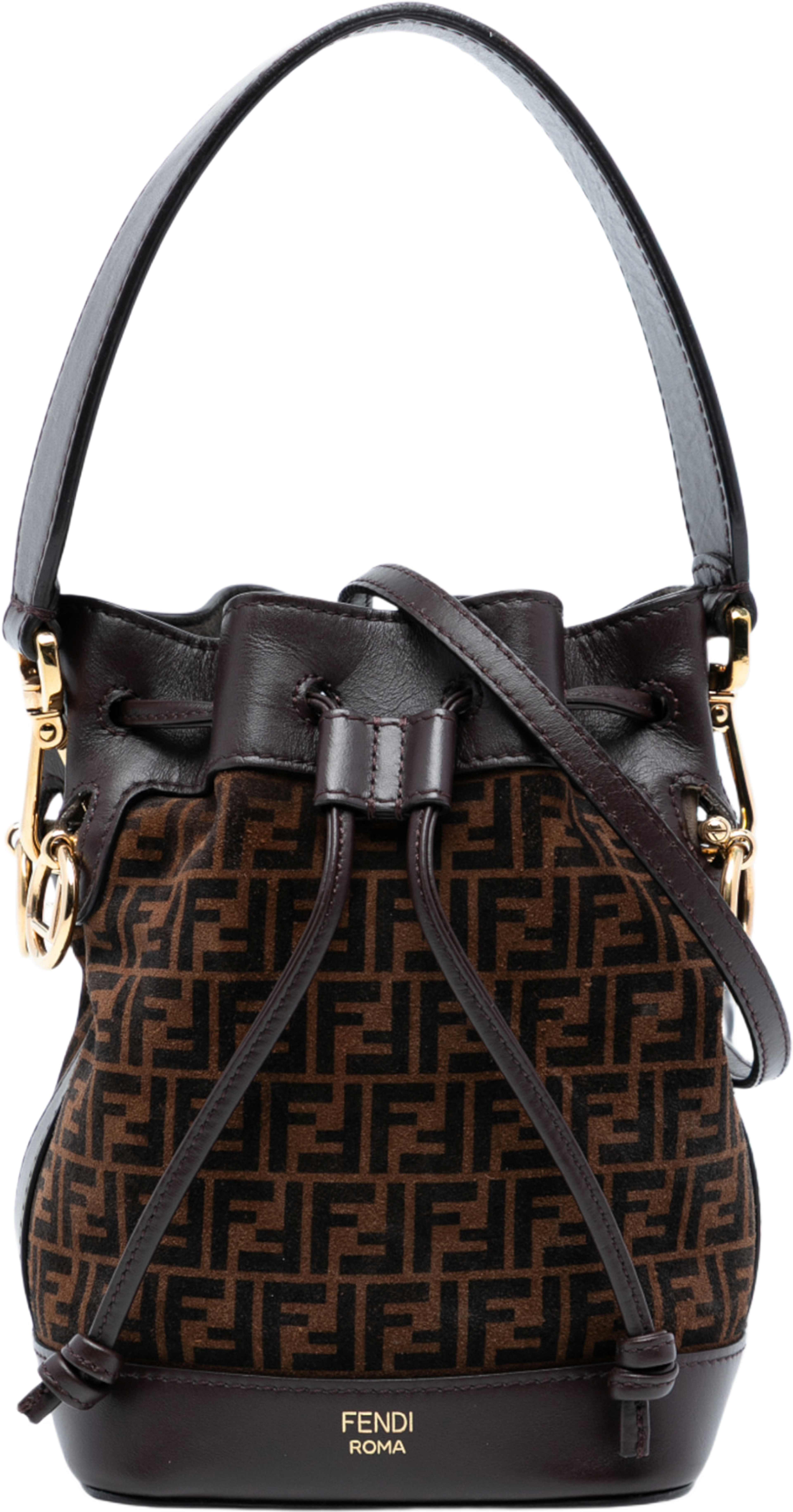 Fendi Mini Zucca Suede Mon Tresor Bucket Bag, från Luxclusif, i färgen brown. Klicka för att öppna bilden i stort format