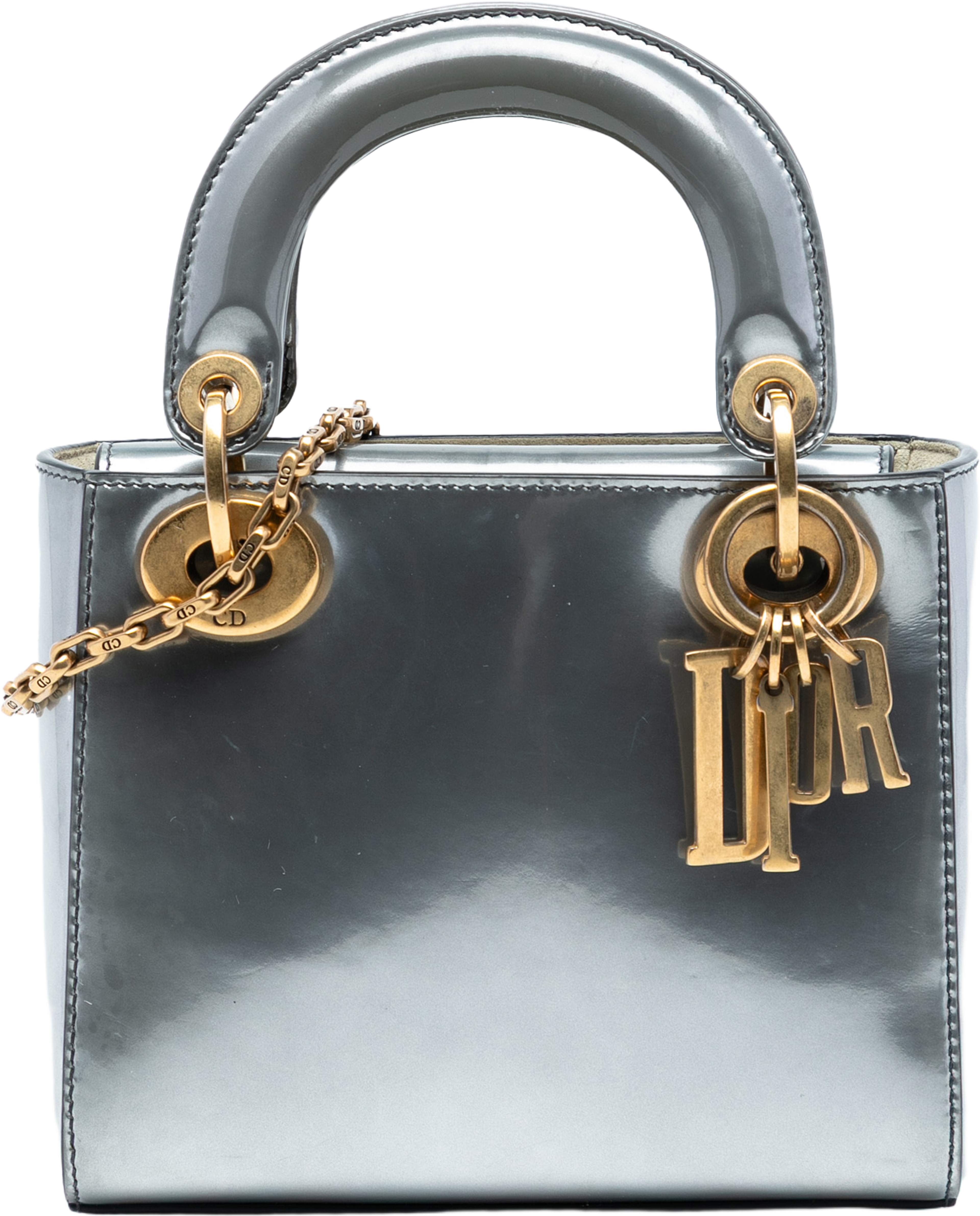 Dior Mini Metallic Patent Lady Dior, från Luxclusif, i färgen silver. Klicka för att öppna bilden i stort format