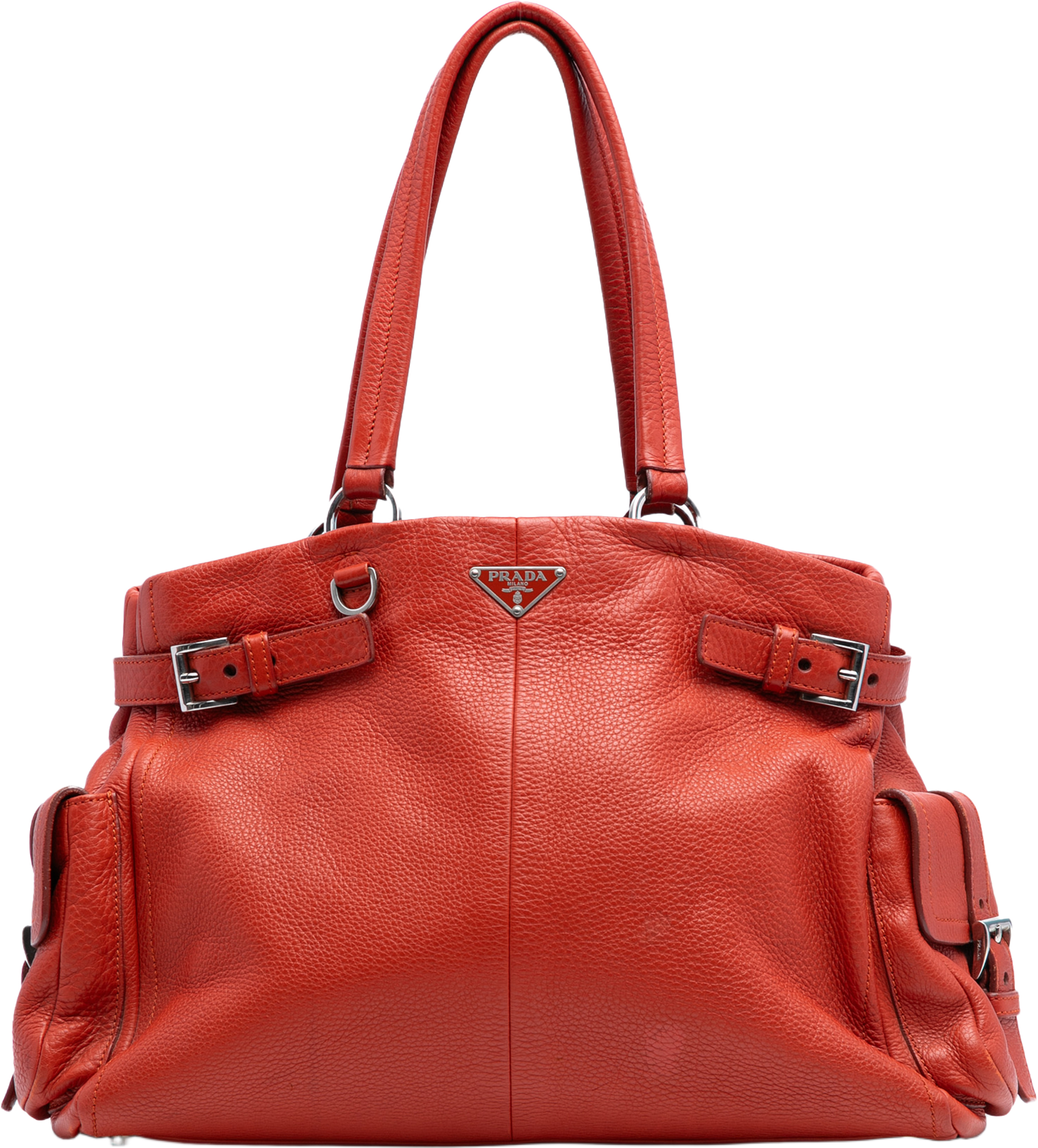 Prada Vitello Daino Side Pocket Tote, från Luxclusif, i färgen dark orange. Klicka för att öppna bilden i stort format