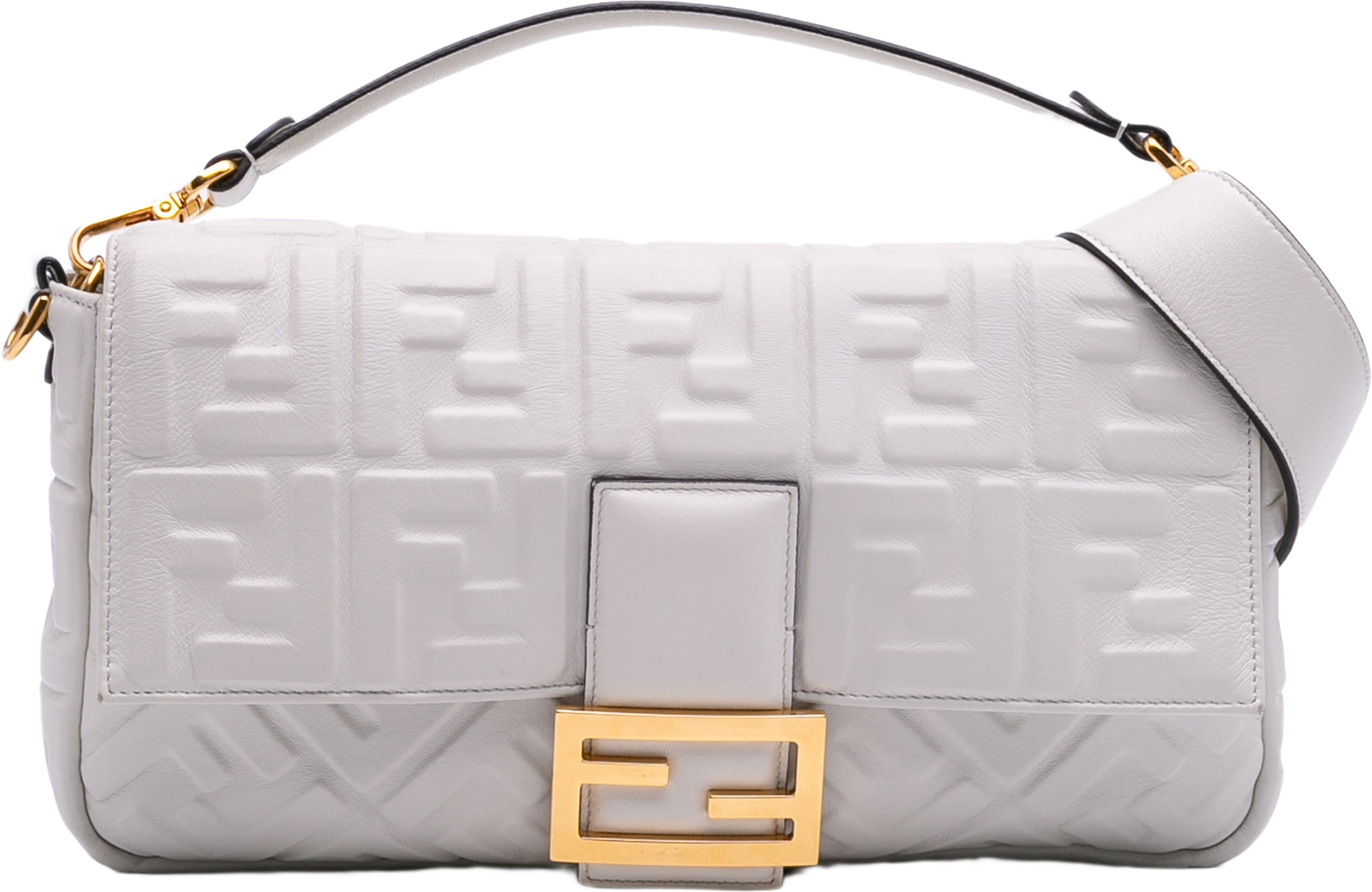 Fendi Large Zucca Embossed Leather Baguette Satchel, från Luxclusif, i färgen white. Klicka för att öppna bilden i stort format