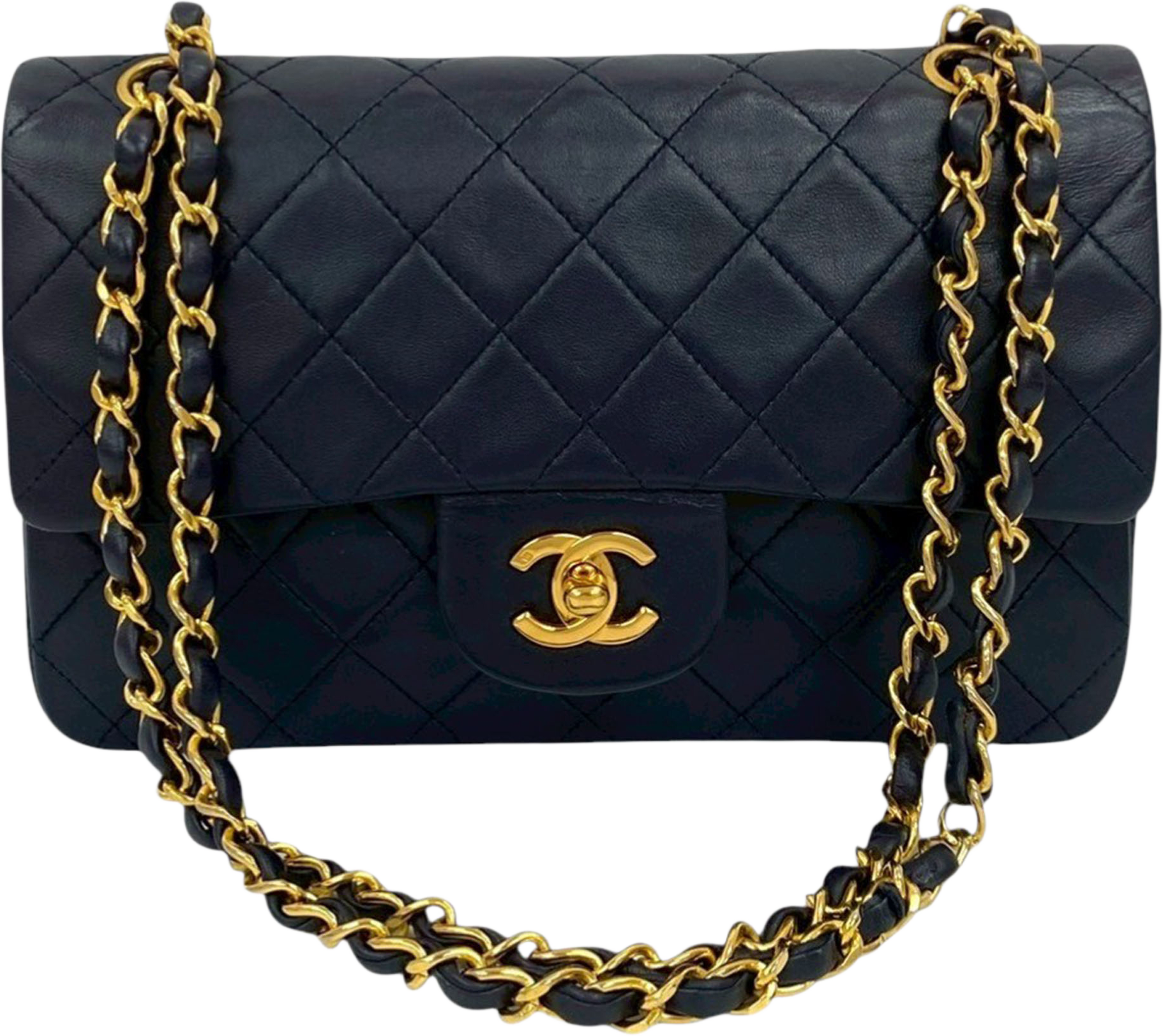 Chanel Small Classic Lambskin Double Flap, från Luxclusif, i färgen navy. Klicka för att öppna bilden i stort format