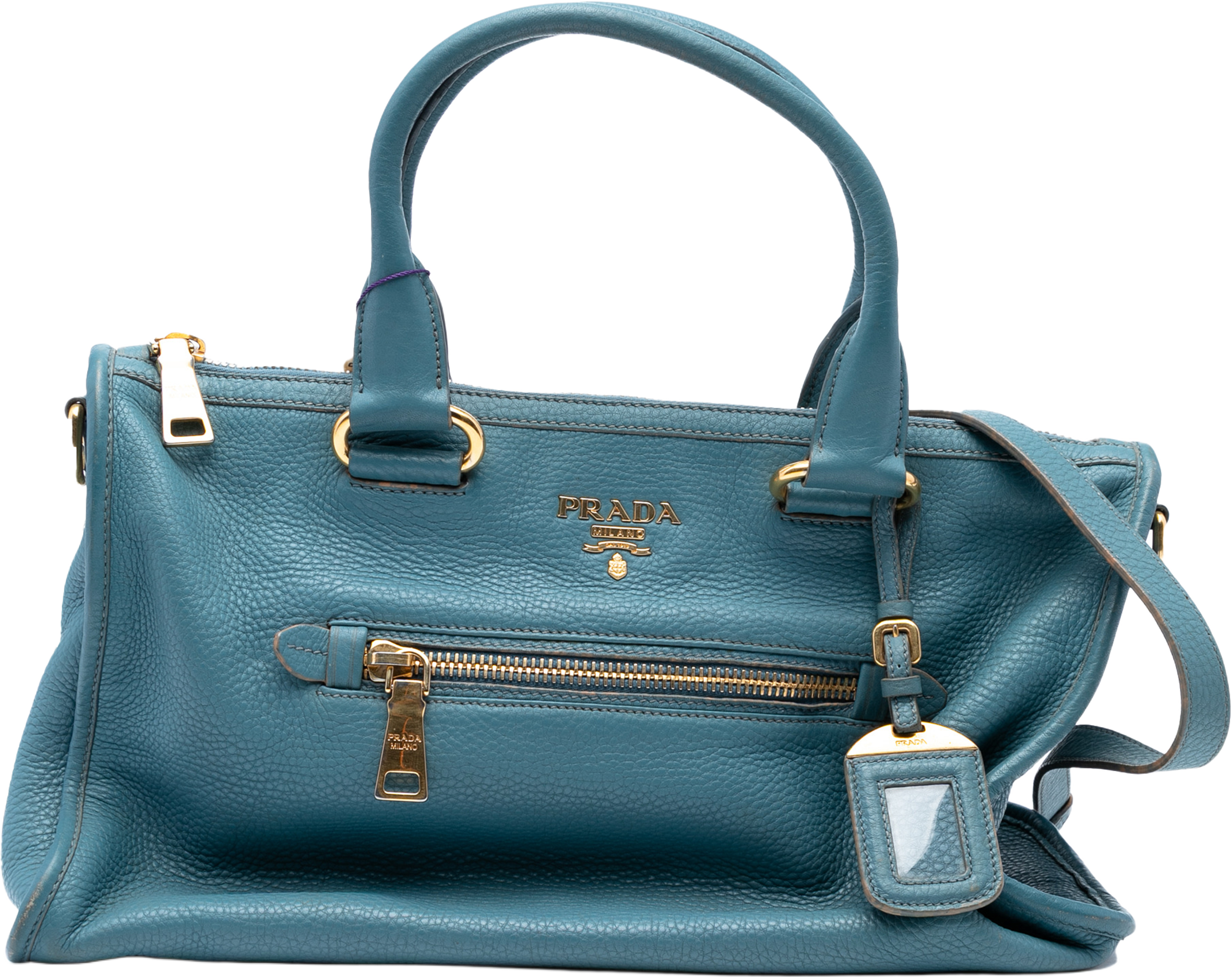 Prada Vitello Daino Zip Top Satchel, från Luxclusif, i färgen blue. Klicka för att öppna bilden i stort format