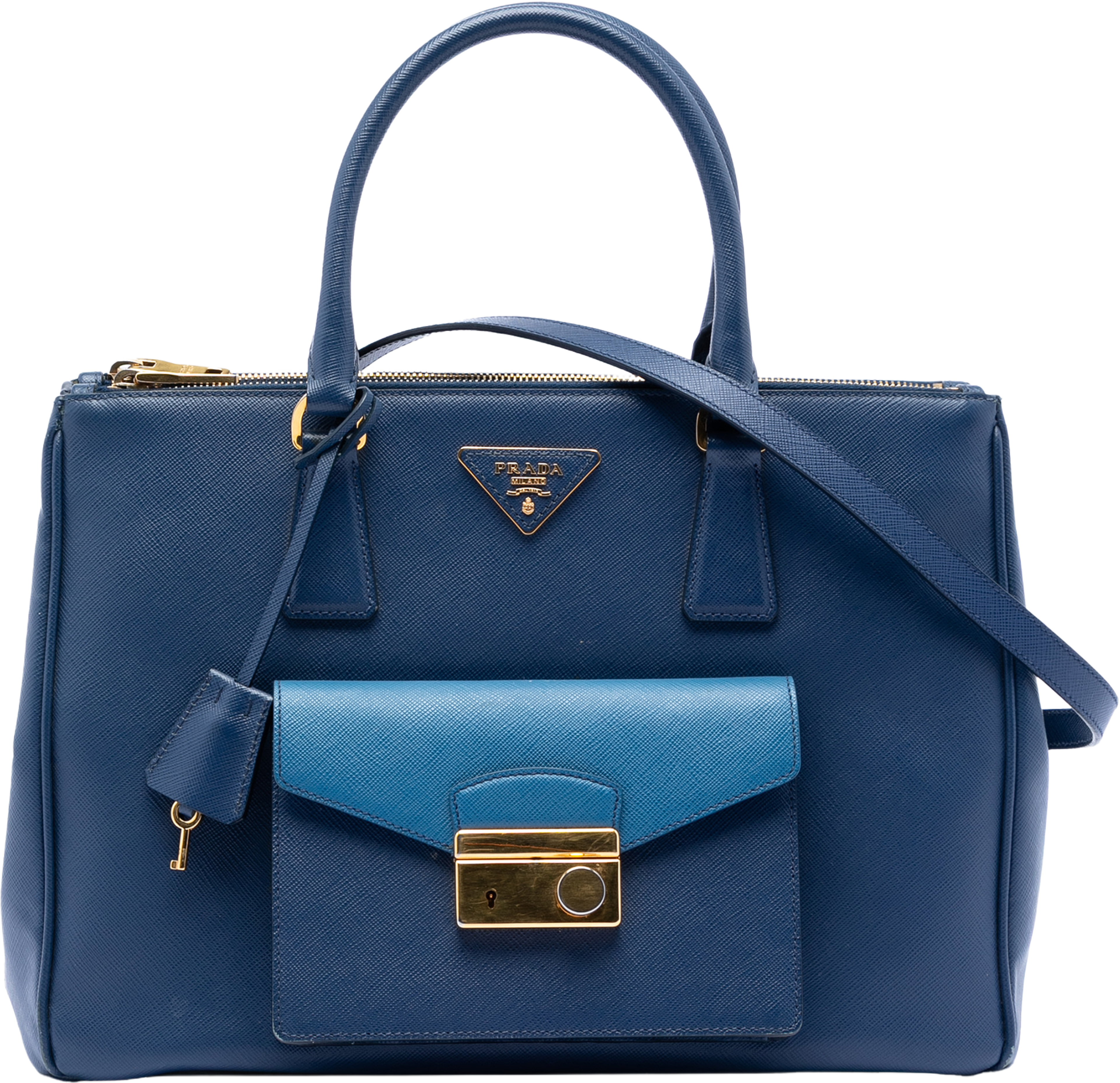 Prada Saffiano Lux Galleria Double Zip Front Pocket Satchel, från Luxclusif, i färgen dark blue. Klicka för att öppna bilden i stort format
