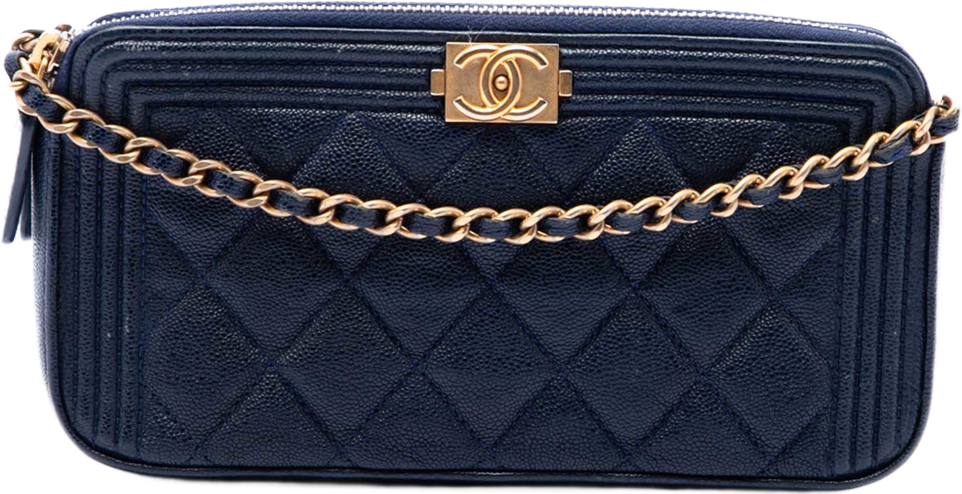 Chanel Quilted Caviar Boy Double Zip Wallet On Chain, från Luxclusif, i färgen blå. Klicka för att öppna bilden i stort format