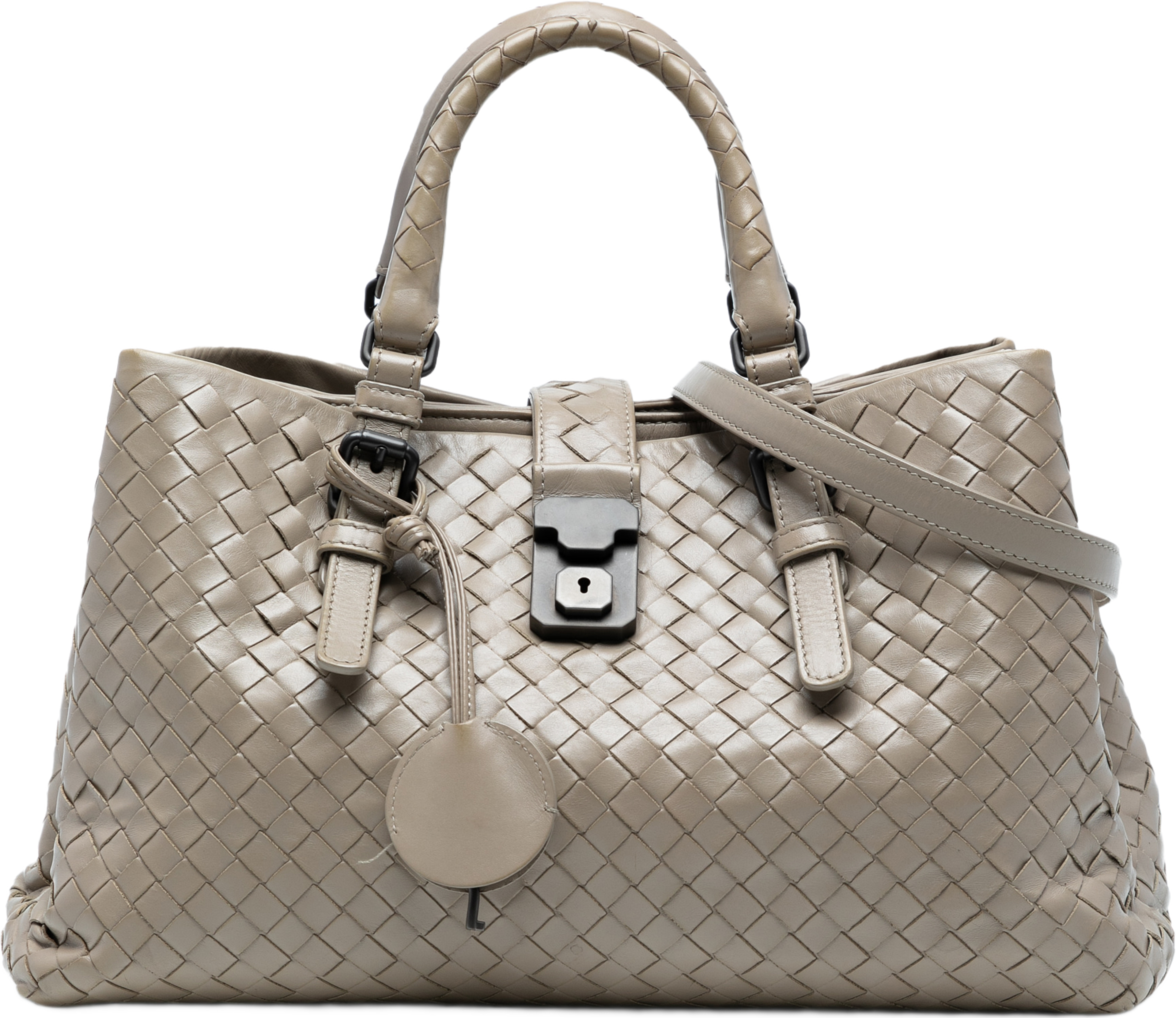 Bottega Veneta Small Nappa Intrecciato Roma Satchel, från Luxclusif, i färgen light gray. Klicka för att öppna bilden i stort format