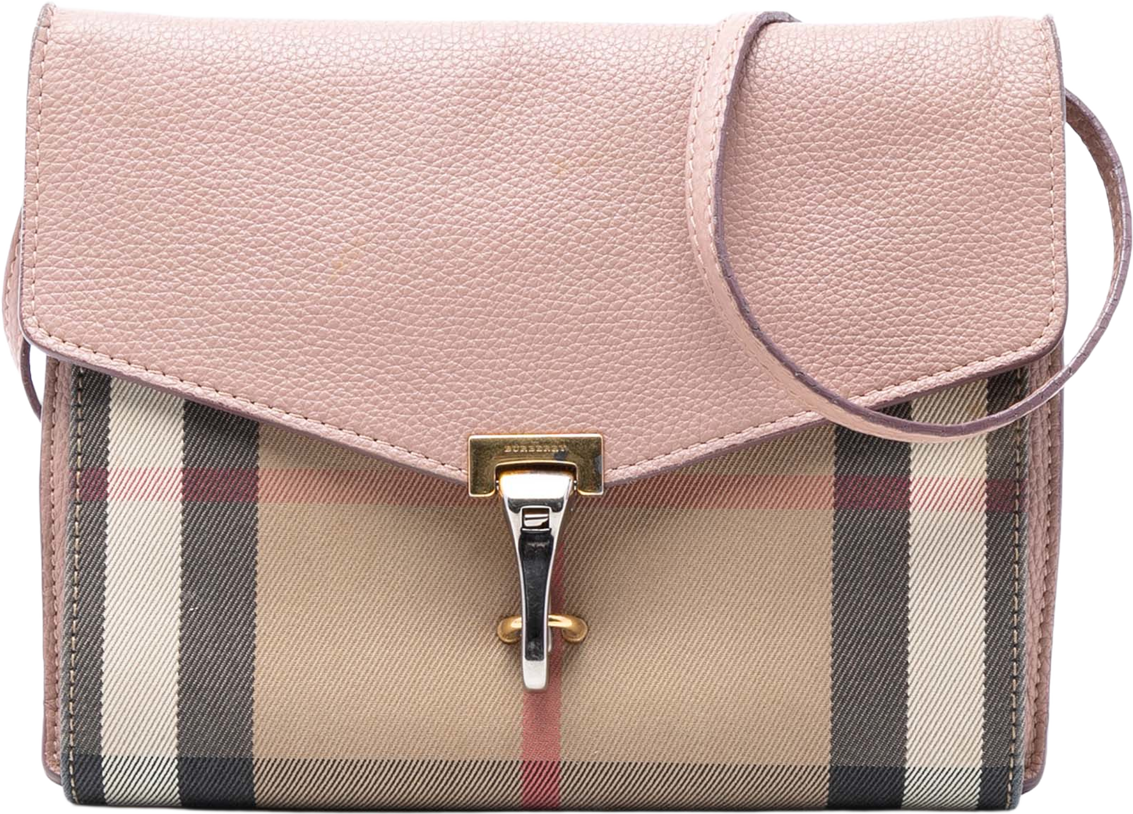 Burberry Small Leather And House Check Canvas Derby Macken Crossbody, från Luxclusif, i färgen pink. Klicka för att öppna bilden i stort format