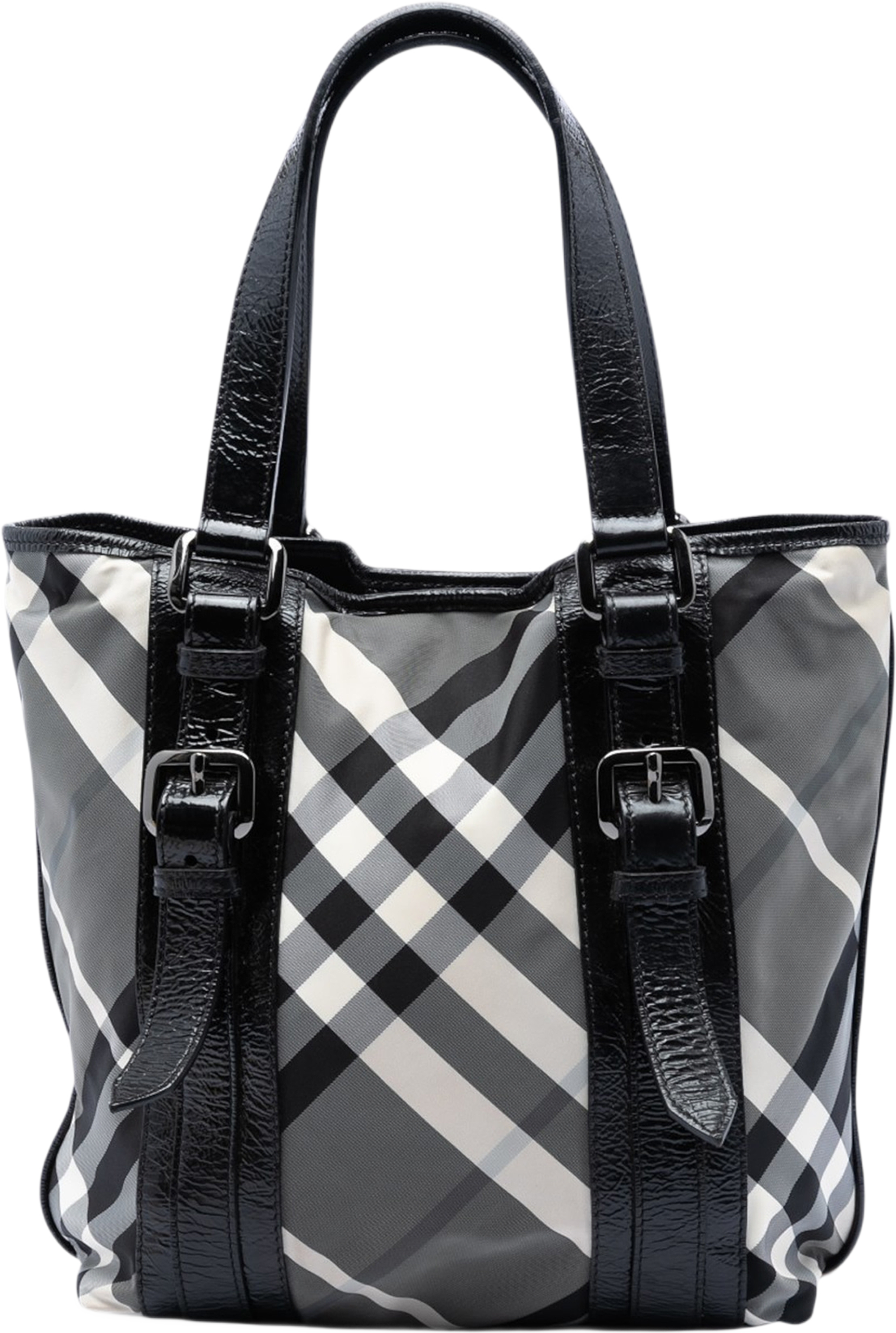 Burberry Small Beat Check Nylon Victoria Tote, från Luxclusif, i färgen gray. Klicka för att öppna bilden i stort format