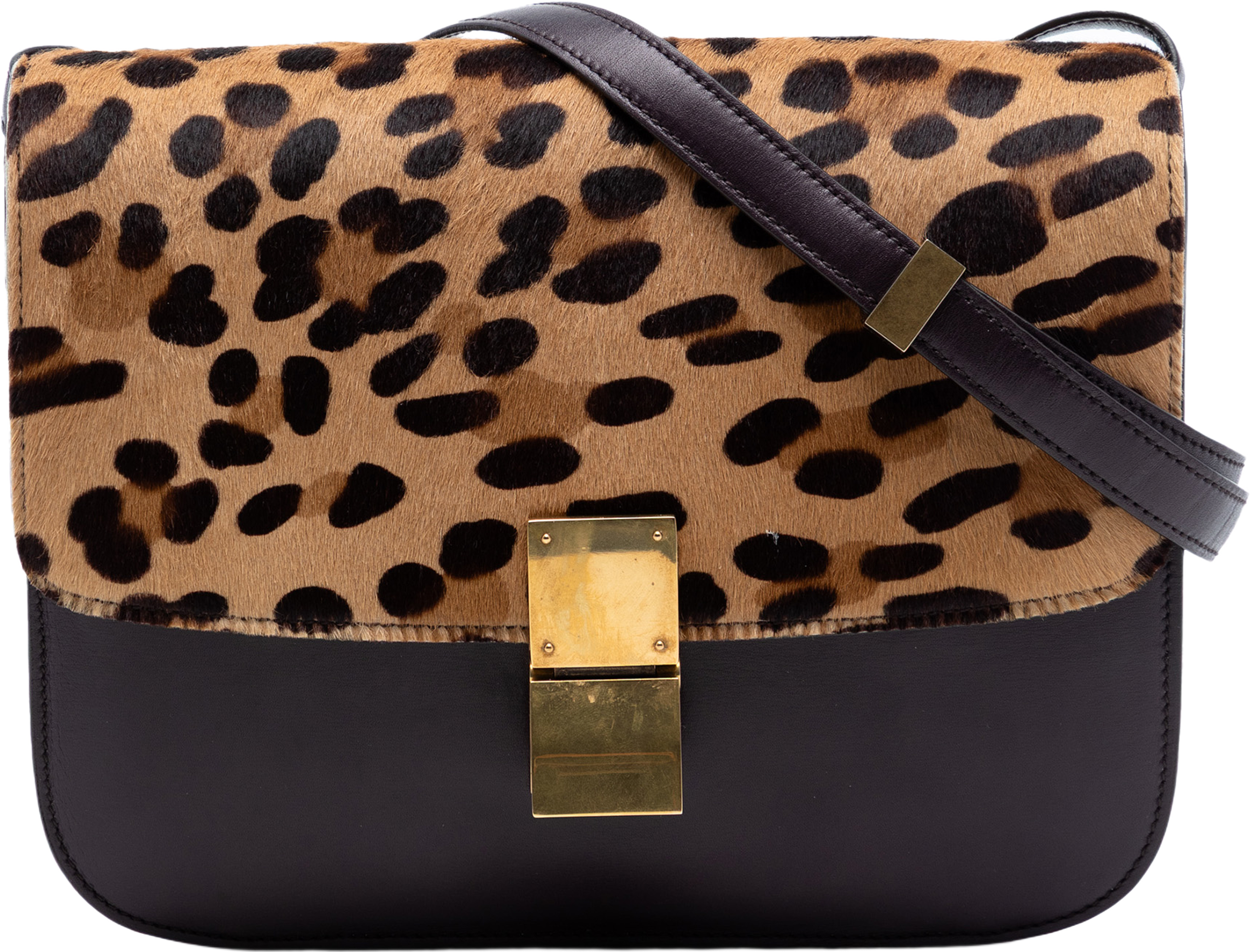 Celine Medium Calfskin And Leopard Print Pony Hair Classic Box, från Luxclusif, i färgen dark brown. Klicka för att öppna bilden i stort format